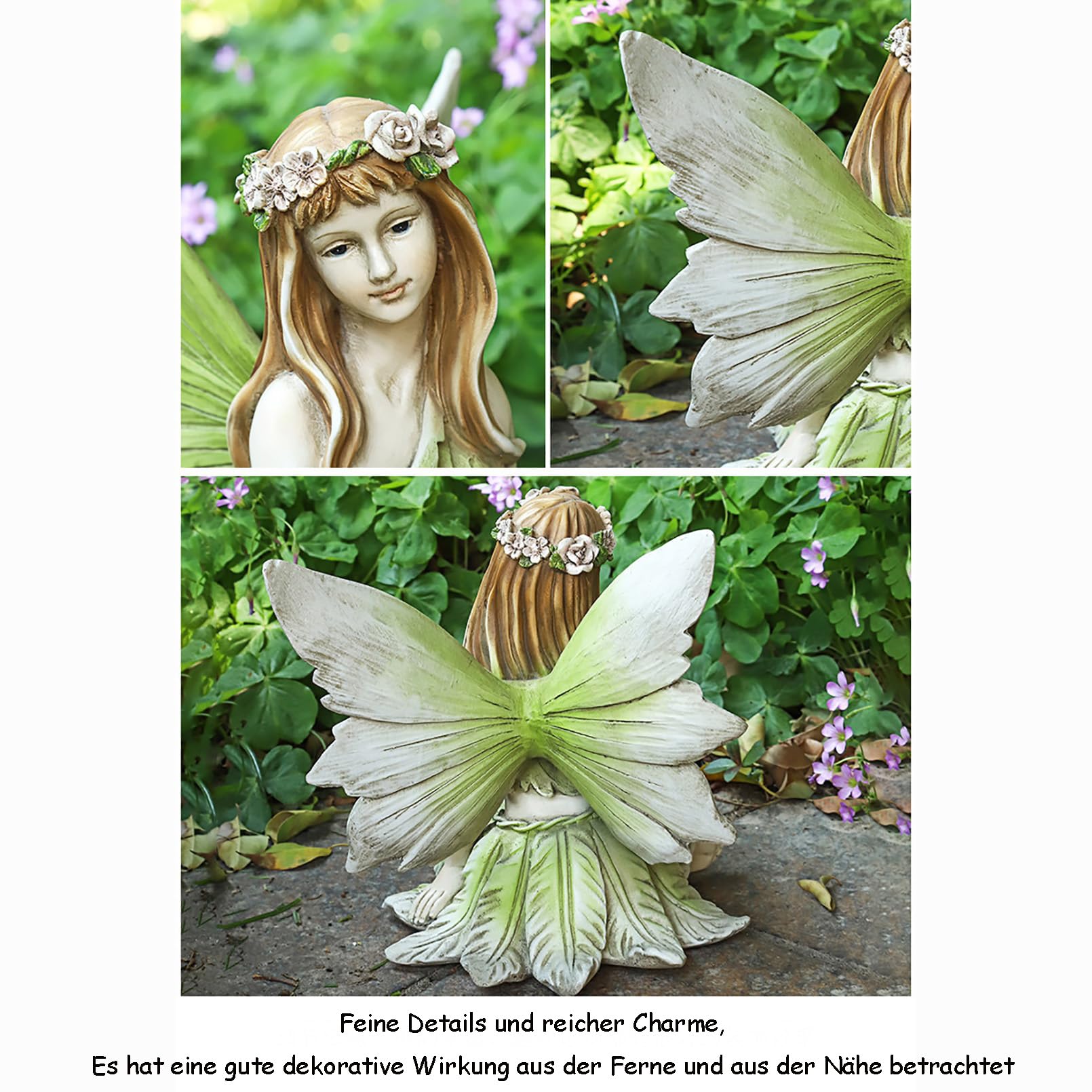Elfen Figuren Feen Statue Harz Gartenfiguren & gartenstatuen Gartendeko für draußen,Europäische kreative Gartenfeen-Ornamente,Sitzende Elfen Skulptur mit Flügeln H 26cm,Grün,D