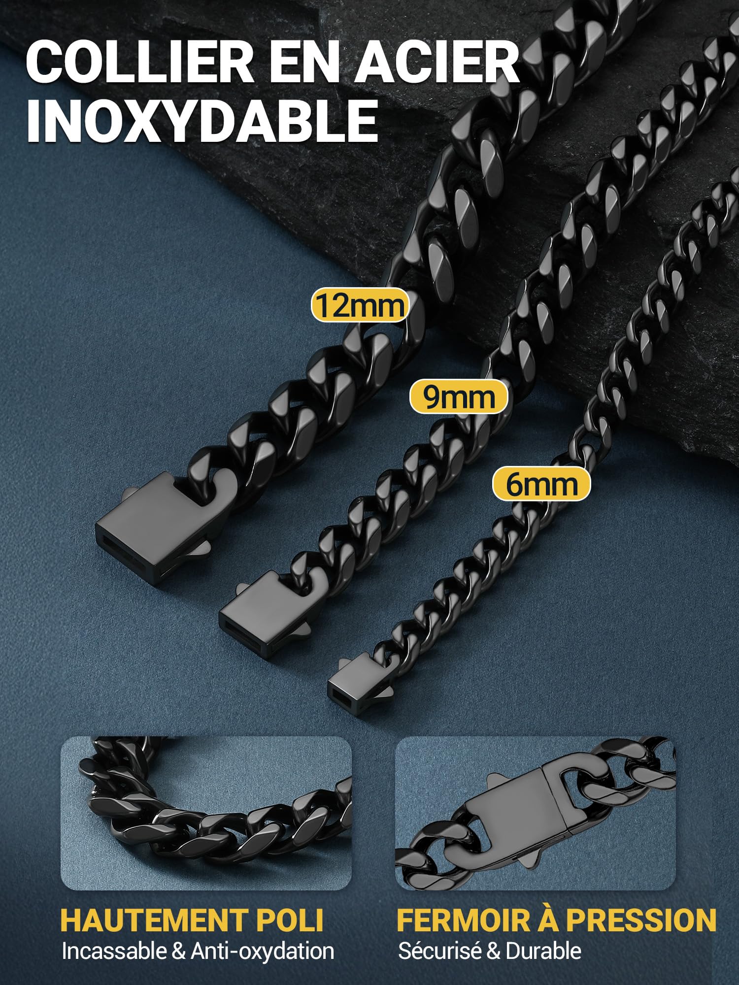 PROSTEEL Collier Homme Chaine Acier Inoxydable/Plaqué Or, Collier Chaine Cubaine Homme Noir, 6/9/12 mm de Large, Longueur de 46/51/55/61/66/71/76 cm, Bijou Hip Hop