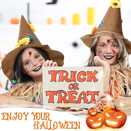 Miniatura 4 de Disfraz de espantapájaros de Halloween, incluye sombrero de espantapájaros, kit de paja de espantapájaros de rafia, tatuajes faciales, accesorio de