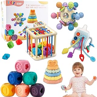 5 in 1 Montessori Toys for Ages 6-12-18 Months,Baby Sensory Toys,Inc Manhattan Toy,Stacking Toy, Pull String Teether,Shape Sorter Toy,Infant Toys Gifts for 1 2 3 Year Old Boys Girls