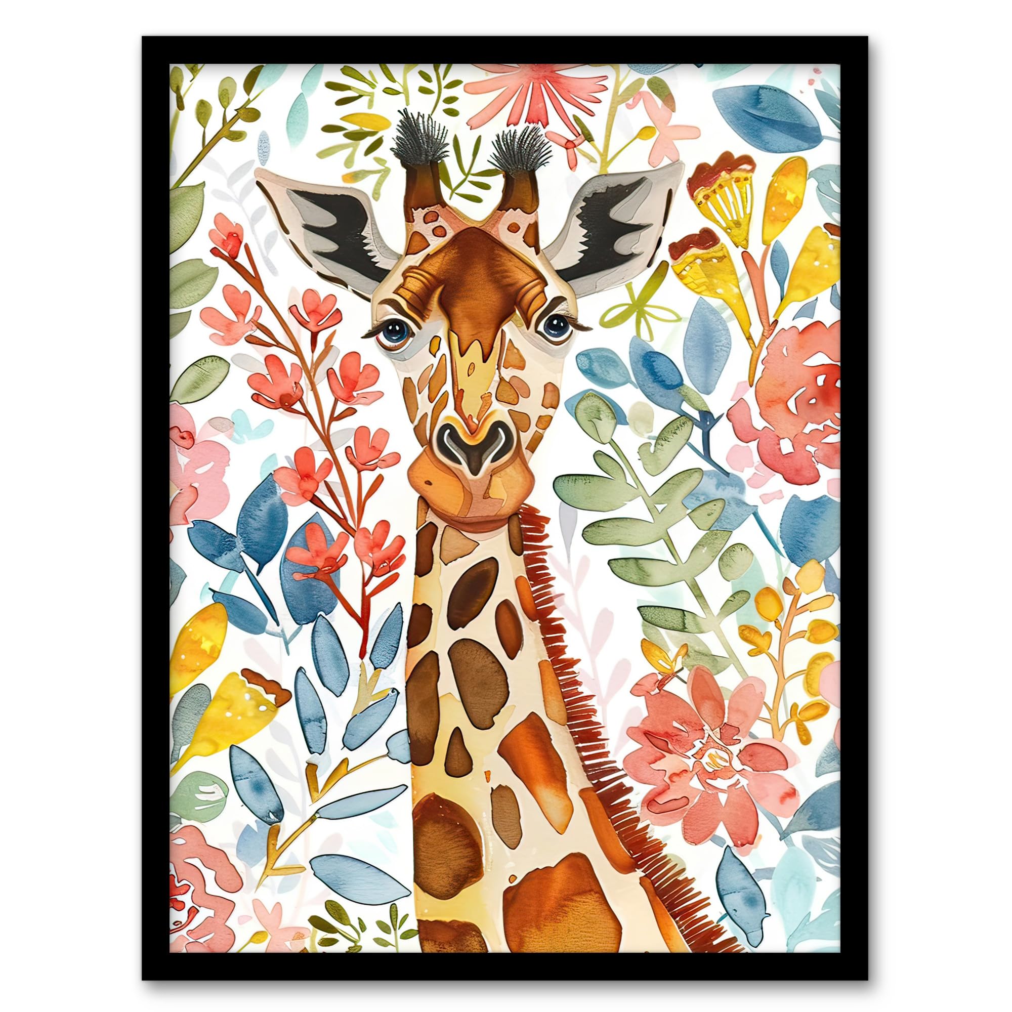 Artery8 Giraffe Colourful Floral Watercolour Portrait Living Room Artwork Framed Wall Art Print 18X24 Inch