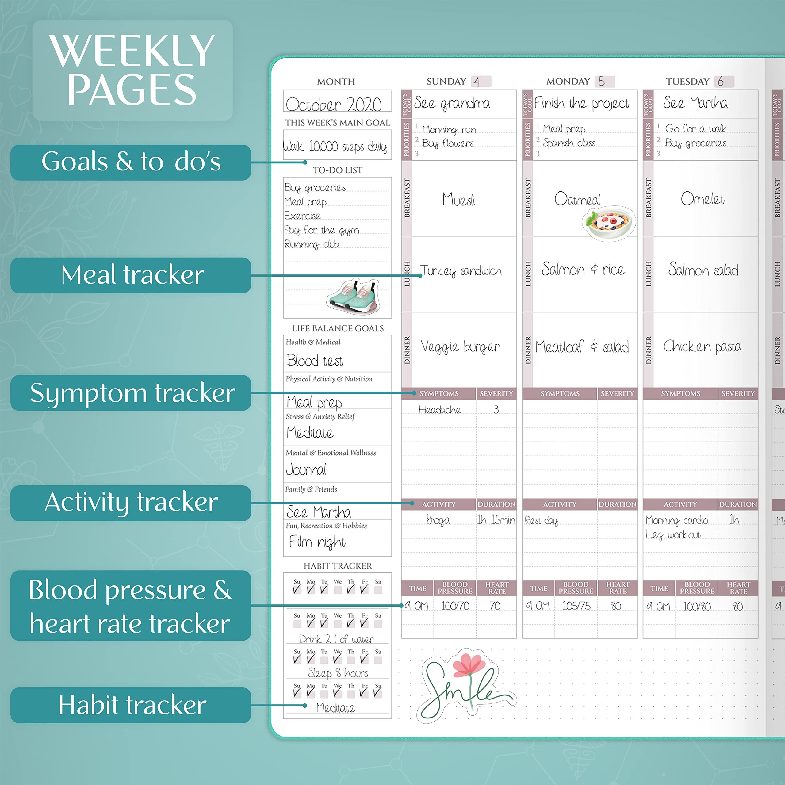Legend Medical Planner Large - Gesundheitstracker-Tagebuch zur Verfolgung von Mahlzeiten, Symptomen, Blutdruck, Labortestergebnisse - Medizin- & Wellness-Notizbuch für tägliche Selbstpflege