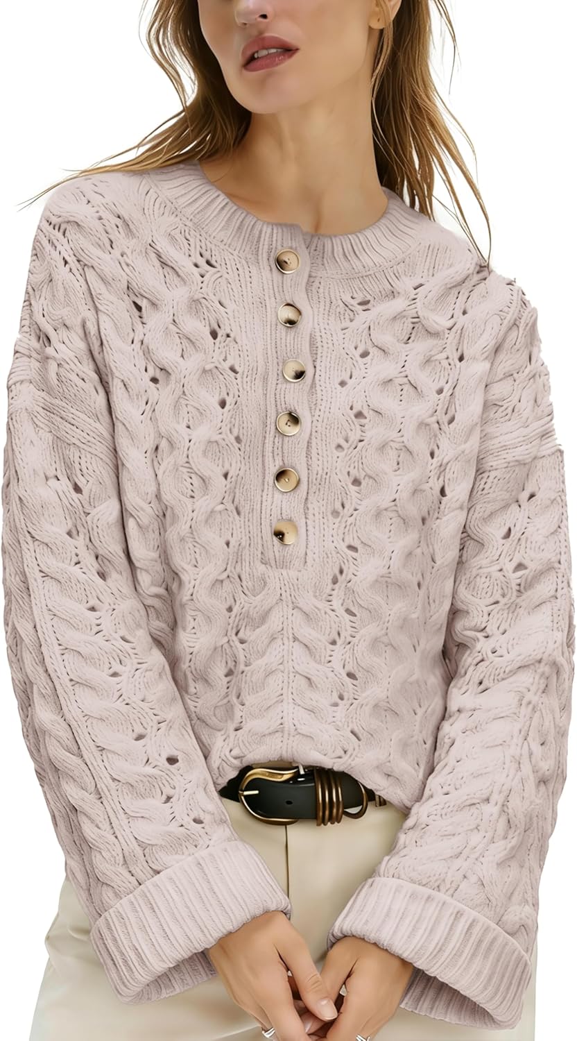 Women's Cable Knit Sweater Long Sleeve Crewneck Casual Cropped Pullover Sweaters Boho Half Button Down Tops