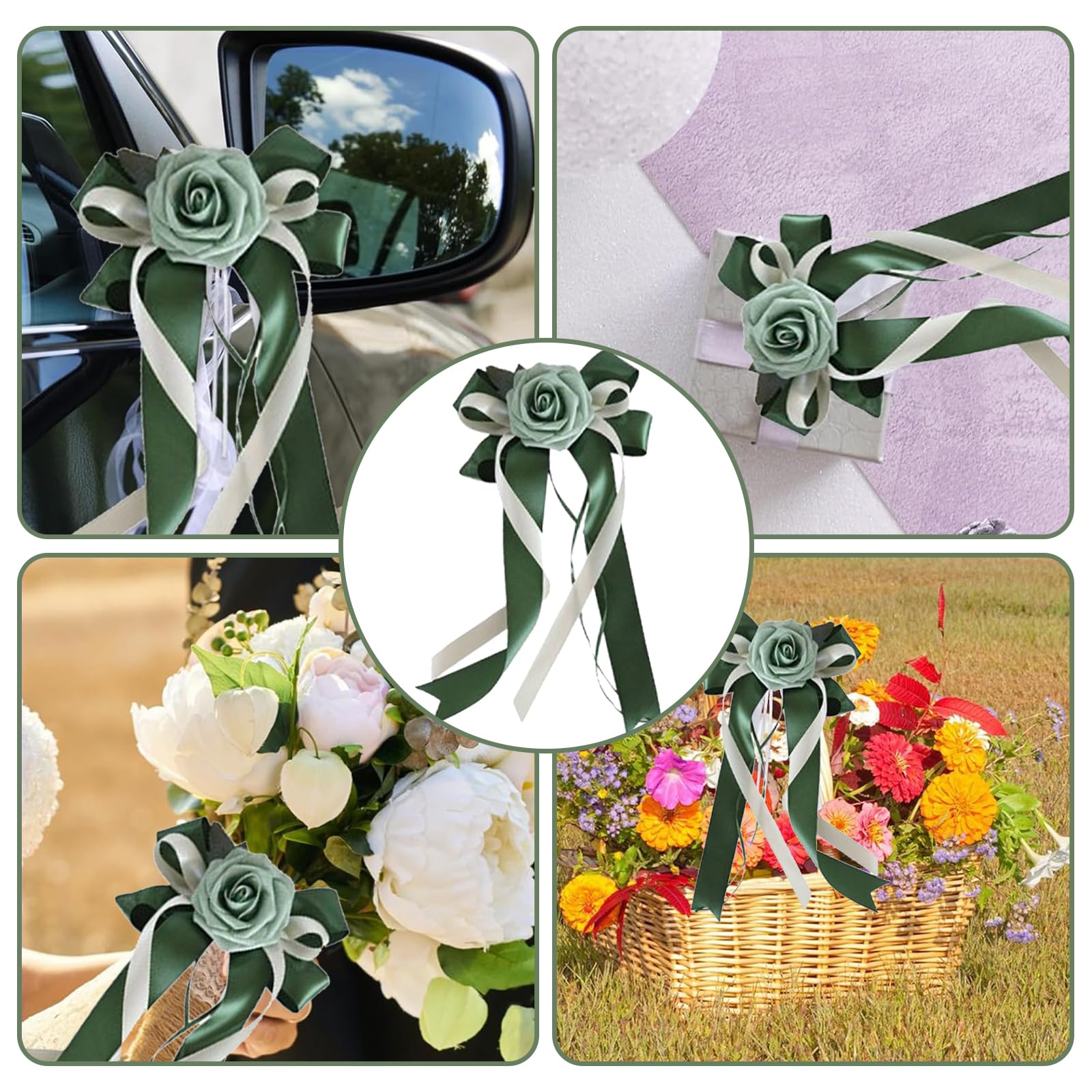 Lot de 4 Noeud Voiture Mariage, Décoration de Voiture de Mariage, Ruban Satin Decoration Mariage, Simulation de Rose, pour Mariage, Fête