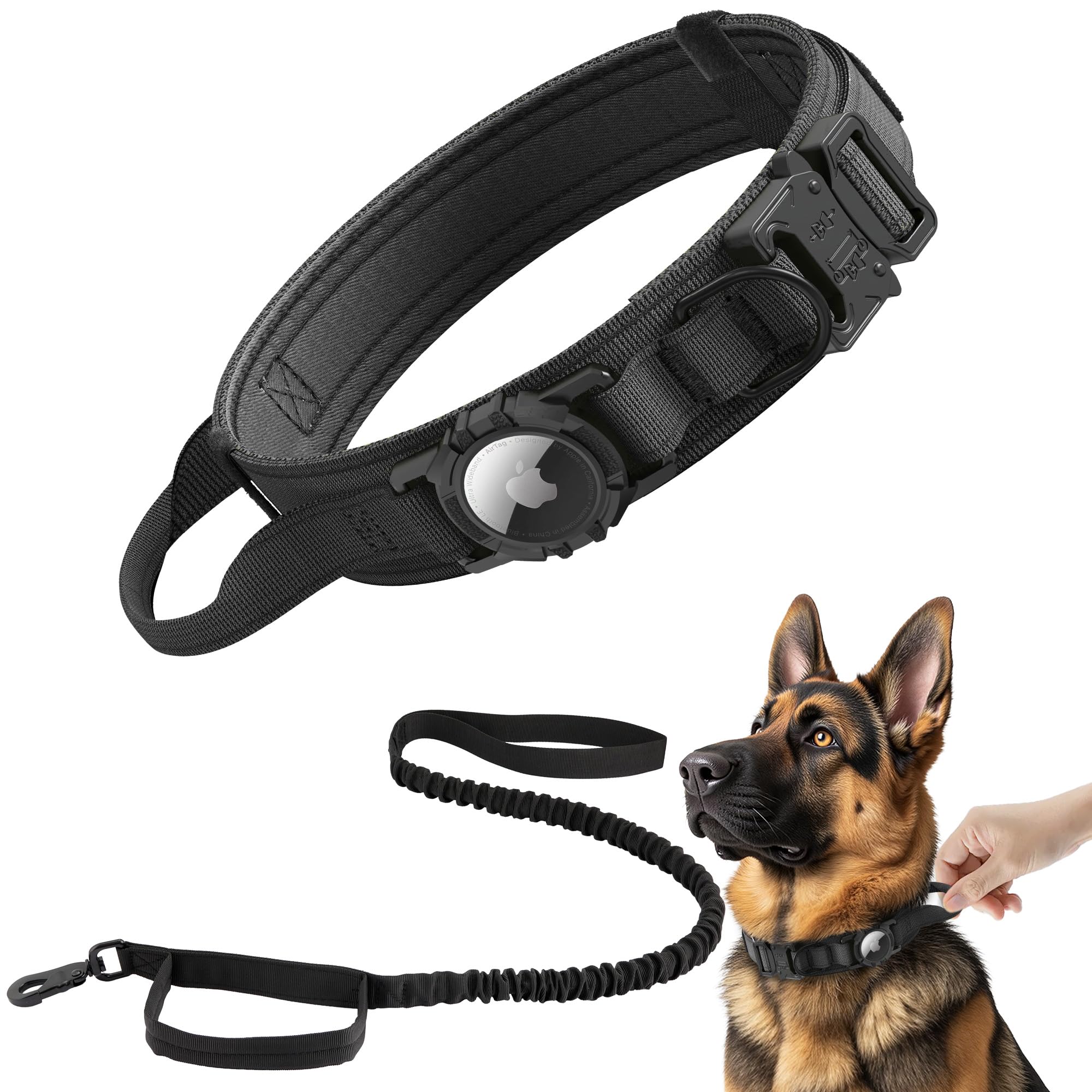 Tactical AirTag Dog Collar Leash Set - Heavy Duty, Adjustable GPS Collar Compatible with Apple AirTag, with Holder & Control Handle for Medium/Large