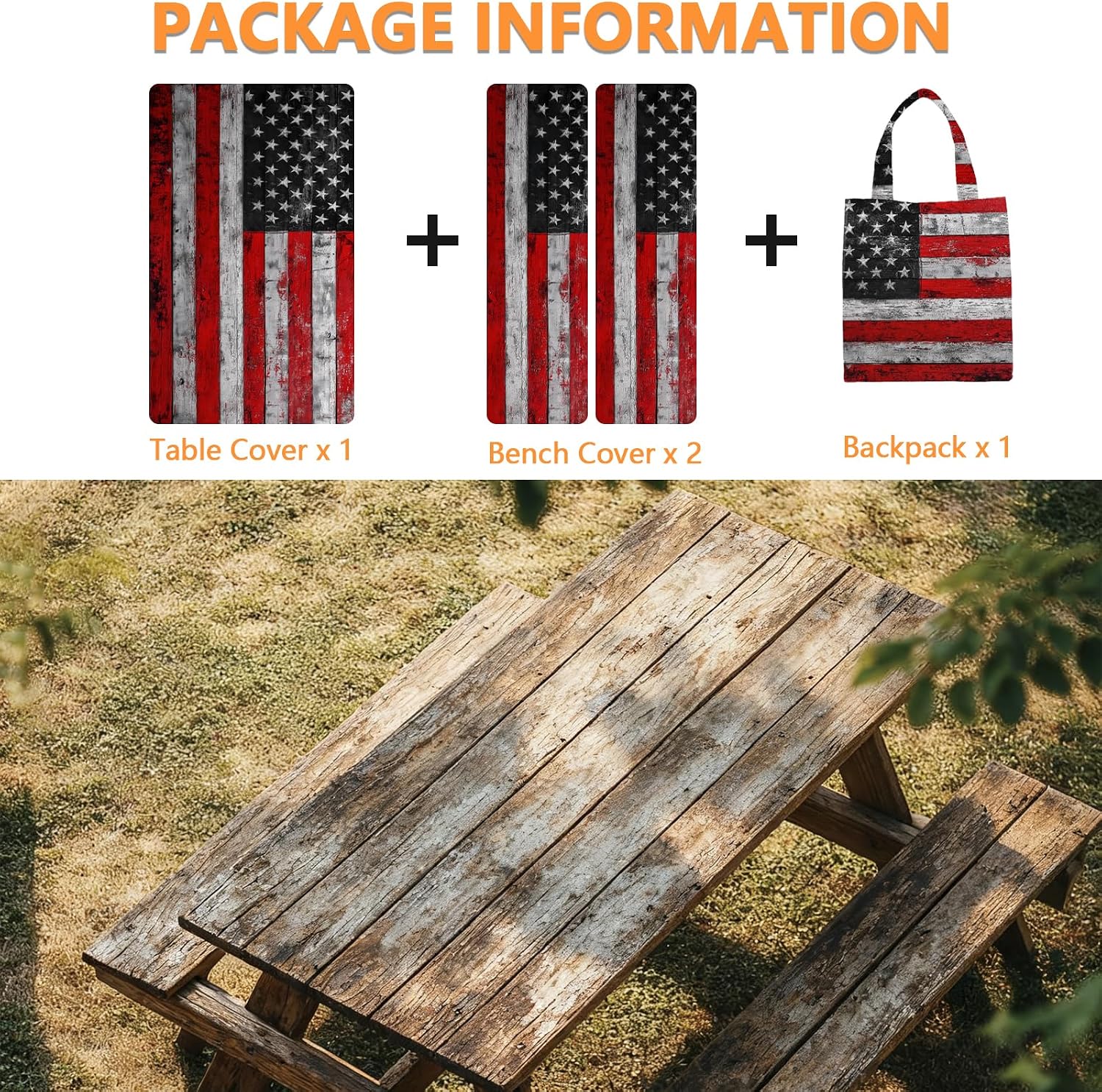 Picnic Table Cover with Bench Covers Elastic Edges Windproof Waterproof Outdoor Tablecloth with Handbag, RV Camping Essentials, Fitted 8FT Rectangle Tables and Seats, 96x30 Inch (Vintage USA flag)