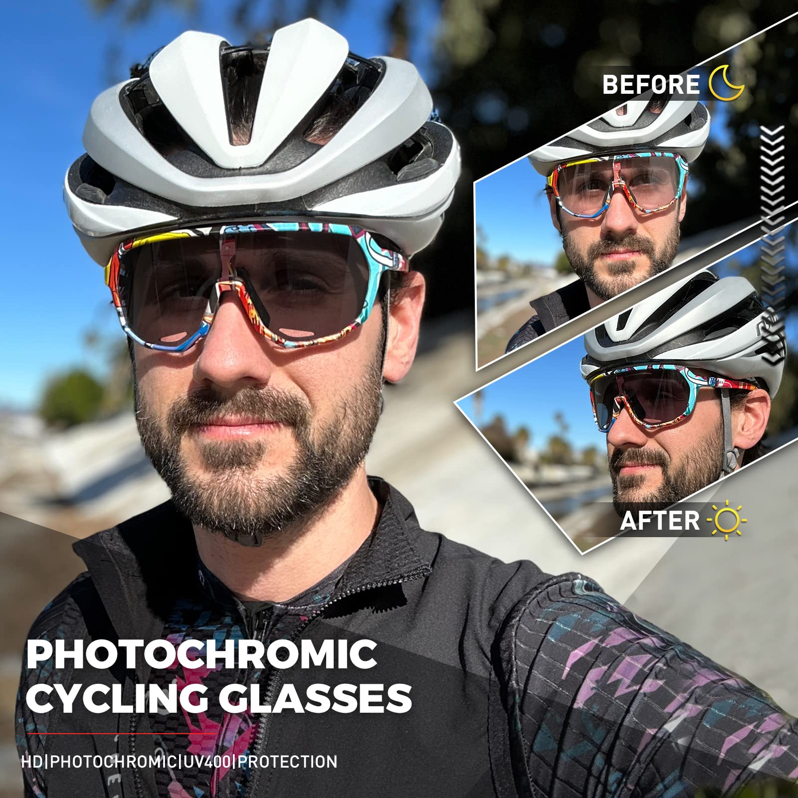 KAPVOE Gafas de Ciclismo Fotocromáticas K63 | Lente fotocromática UV400, ventilación integrada, montura TR90 ligera y ajuste estable para ciclismo y MTB