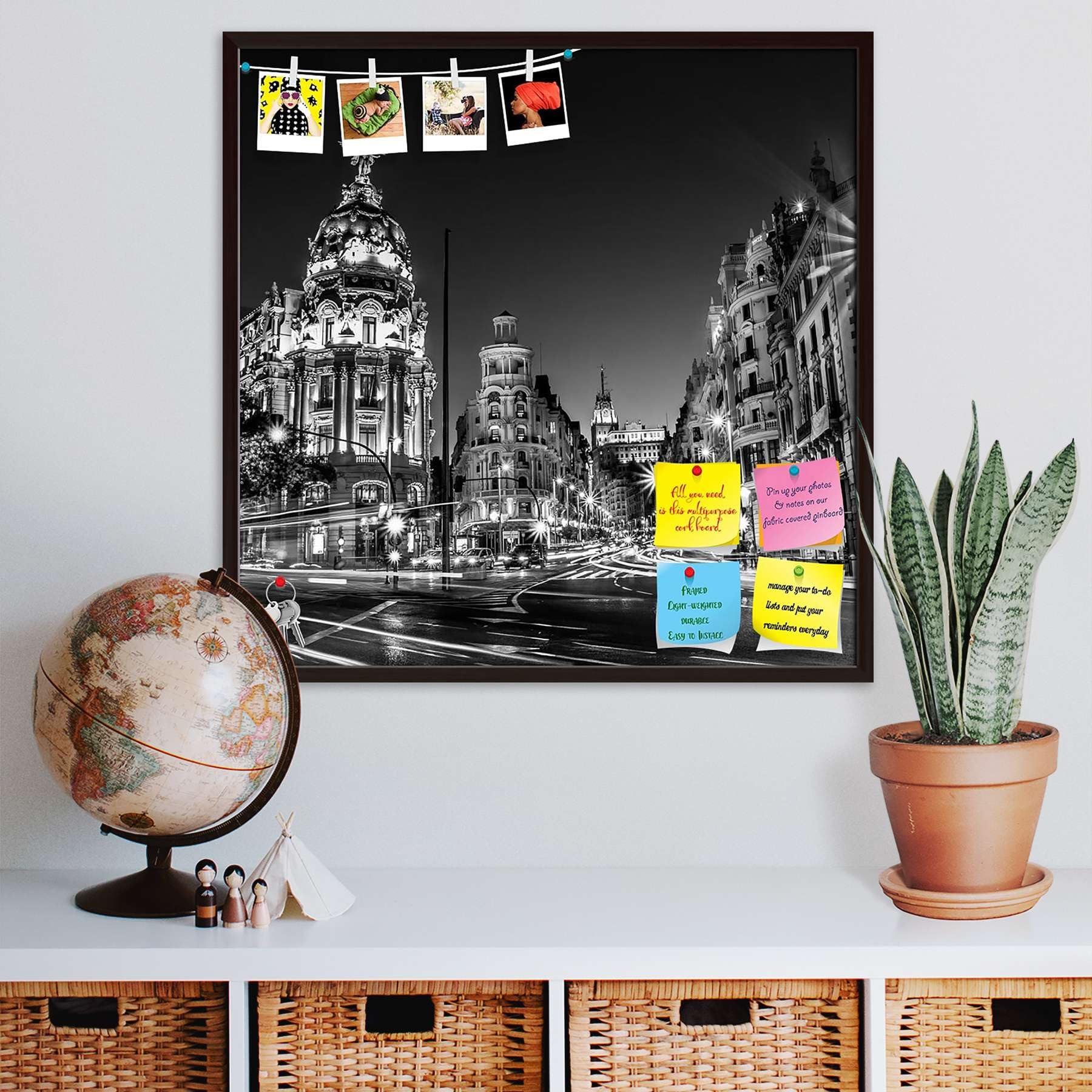 ArtzFolio Traffic Lights on Gran Via Street in Madrid, Spain D1 | Bulletin Board Notice Pin Board | Soft Board with Thumb Push Pins & Sticky Notes | Dark Brown Frame | 12 x 12 inch (30 x 30 cms)
