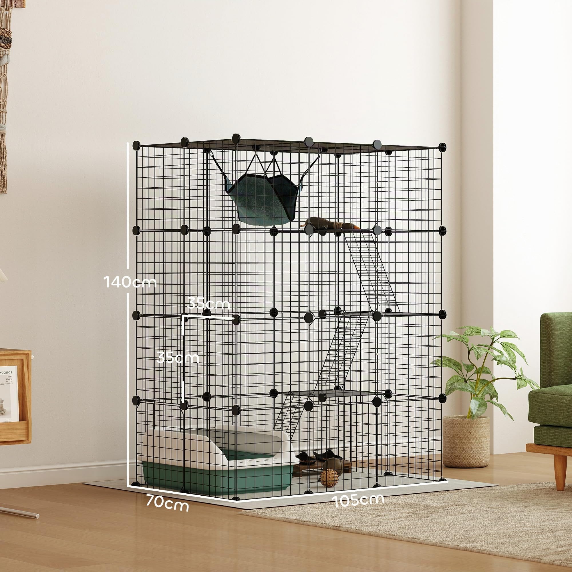 PawHut Jaula para Gatos de Interior, 4 Niveles de Alambre, con Hamaca, rampas, Puertas, Plataformas de Salto, catio Desmontable Interior para 1-3 Gatos, 105 x 70 x 140 cm, Color Negro
