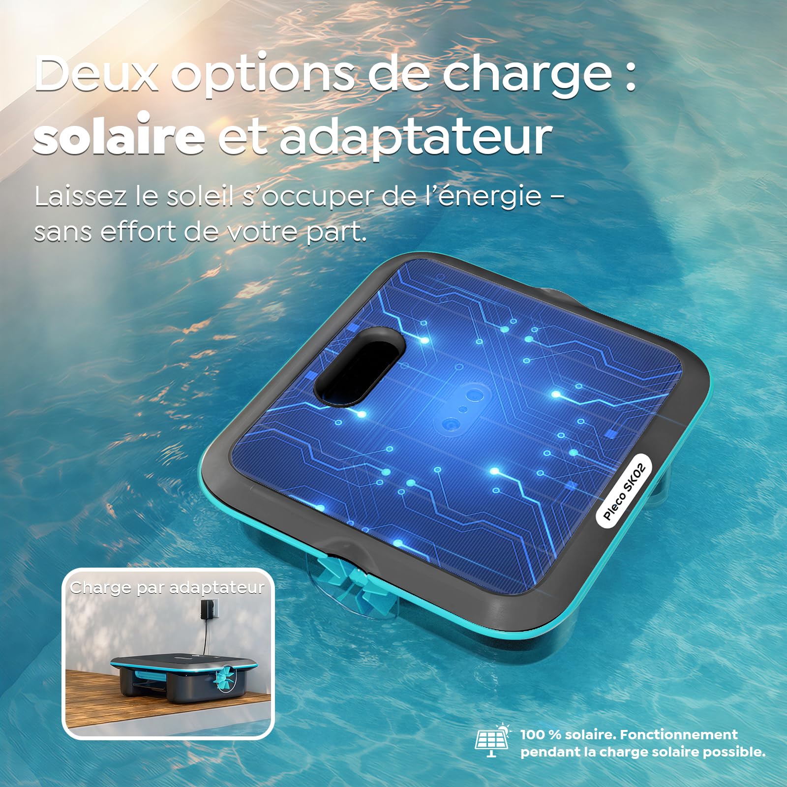 (Upgrade 2026) Pleco SK02 Robot Nettoyeur Skimmer Solaire de Surface Piscine, Robot Piscine sans Fil, Double Recharge, Sonde de Température, Contrôle App, Skimmer Piscine Hors Sol Automatique 24/7