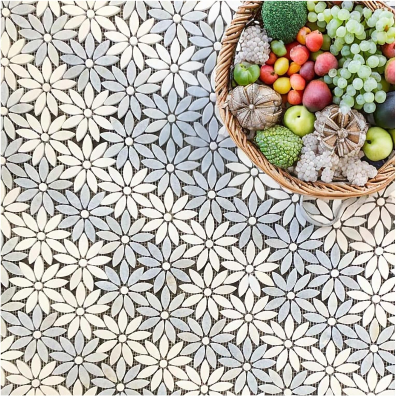 Tenedos Daisy Flower Pattern Light Celeste Blue & White Thassos Marble Waterjet Cut Mosaic Floor Wall Tile for Kitchen Backsplash, Bathroom Shower, Accent Decor (10 Sheets)