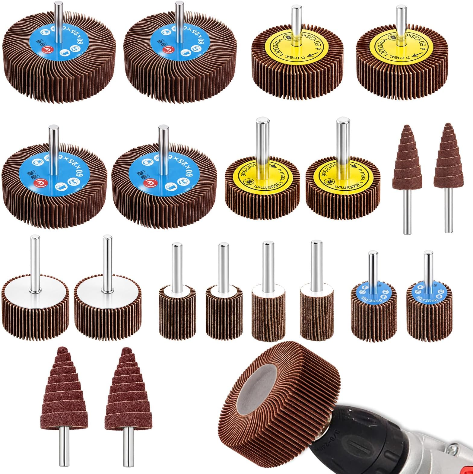 Flap Wheel Set 80 Grit (20PCS) Cone Shape Abrasive Sandpaper Lamellar Grinder Sanding Attachment by Gekufa for 6mm Shank Drill, Straight Grinder for Remove Rust/Weld Burr/Grinding