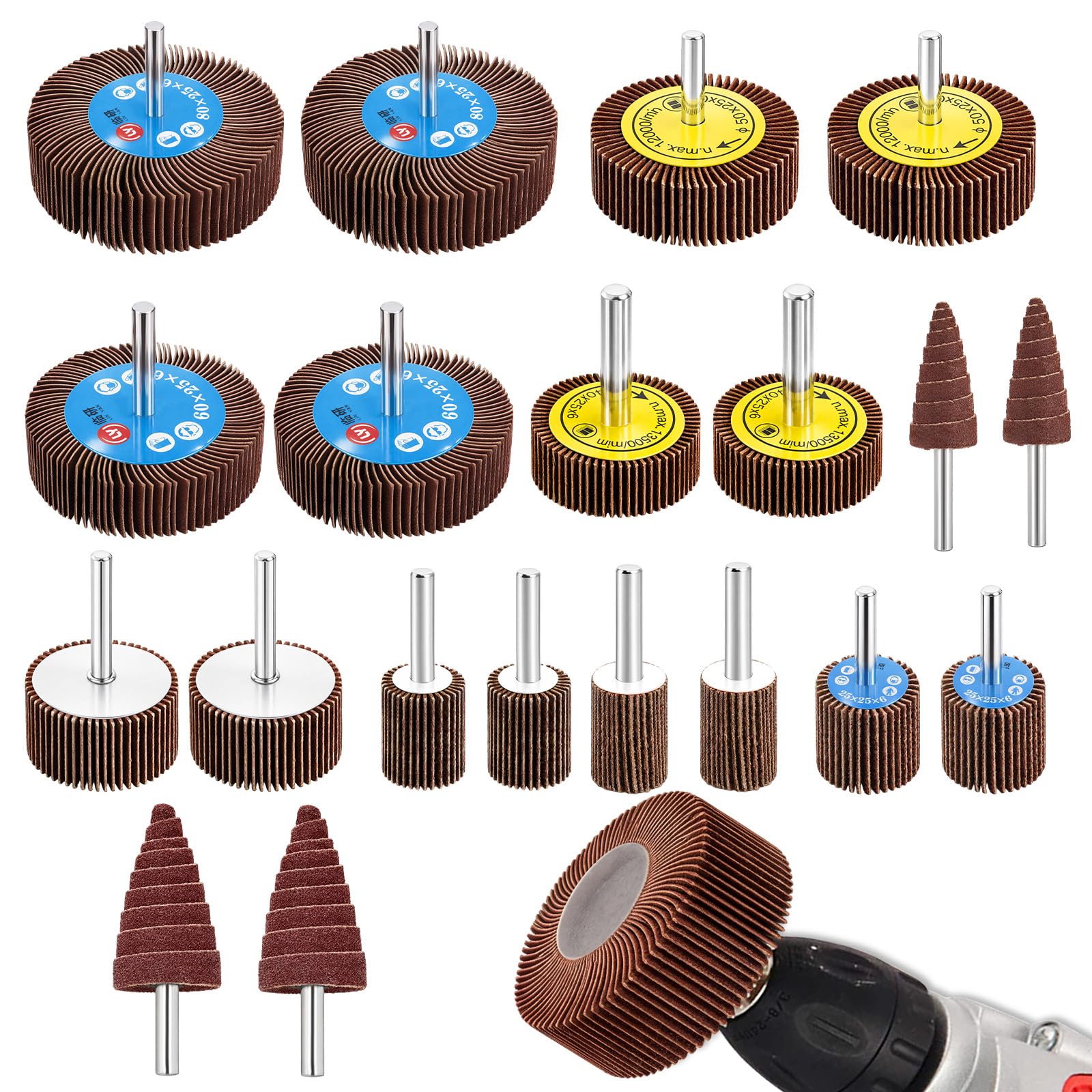 Fächerschleifer Set 80 Körnung Lamellenschleifer Schleifaufsatz - 20 Stück, 6MM Stift Korn 8 verschiedene Durchmesser 80/60/50/40/30/25/20/16MM für Bohrmaschine, Akkuschrauber, Geradschleifer