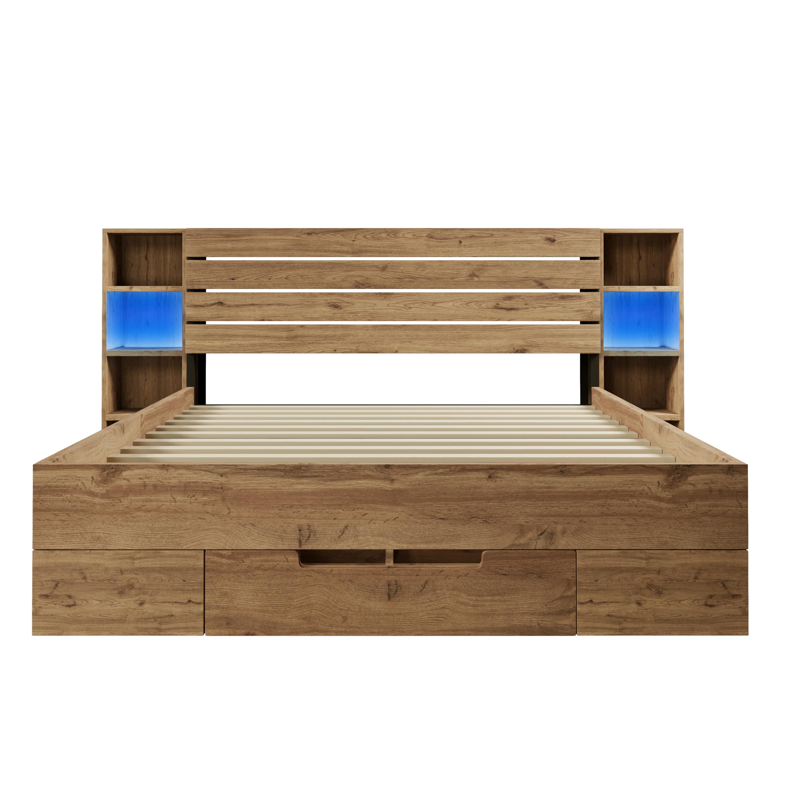 Lubvtti Cama Acolchada 160 × 200 cm con iluminación LED y USB & Type-C cabecera y cajones,Cama Matrimonio con contenedor,Cama Doble,Estructura Cama 160 x 200 cm con somier de láminas,Natural