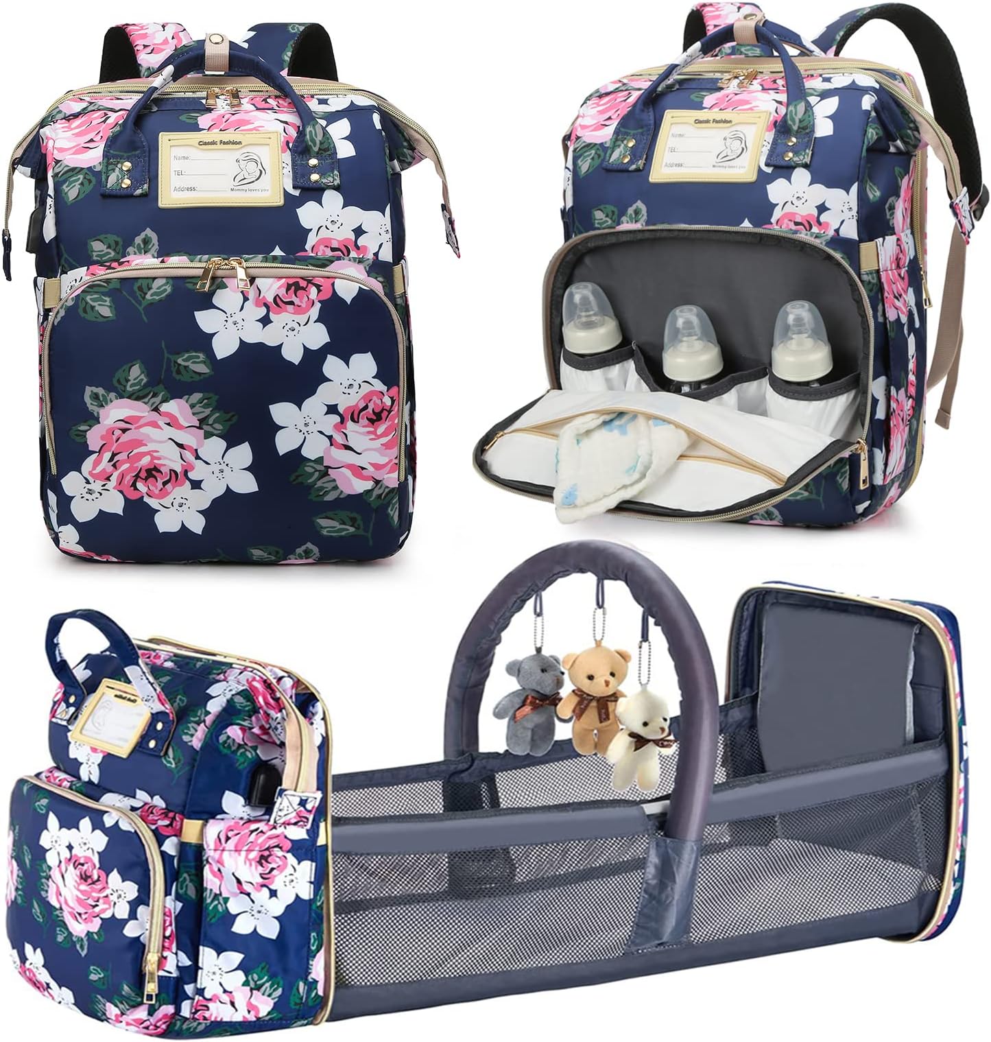 GurZinn Diaper Bag Backpack with Changing Station, Foldable for Bady Toddler, 3 in 1 Large Capacity Newborn Essentials Organizer with Stroller Hook for Girls and Boys（Blue）