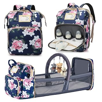 GurZinn Diaper Bag Backpack with Changing Station, Foldable for Bady Toddler, 3 in 1 Large Capacity Newborn Essentials Organizer with Stroller Hook for Girls and BoysBlue