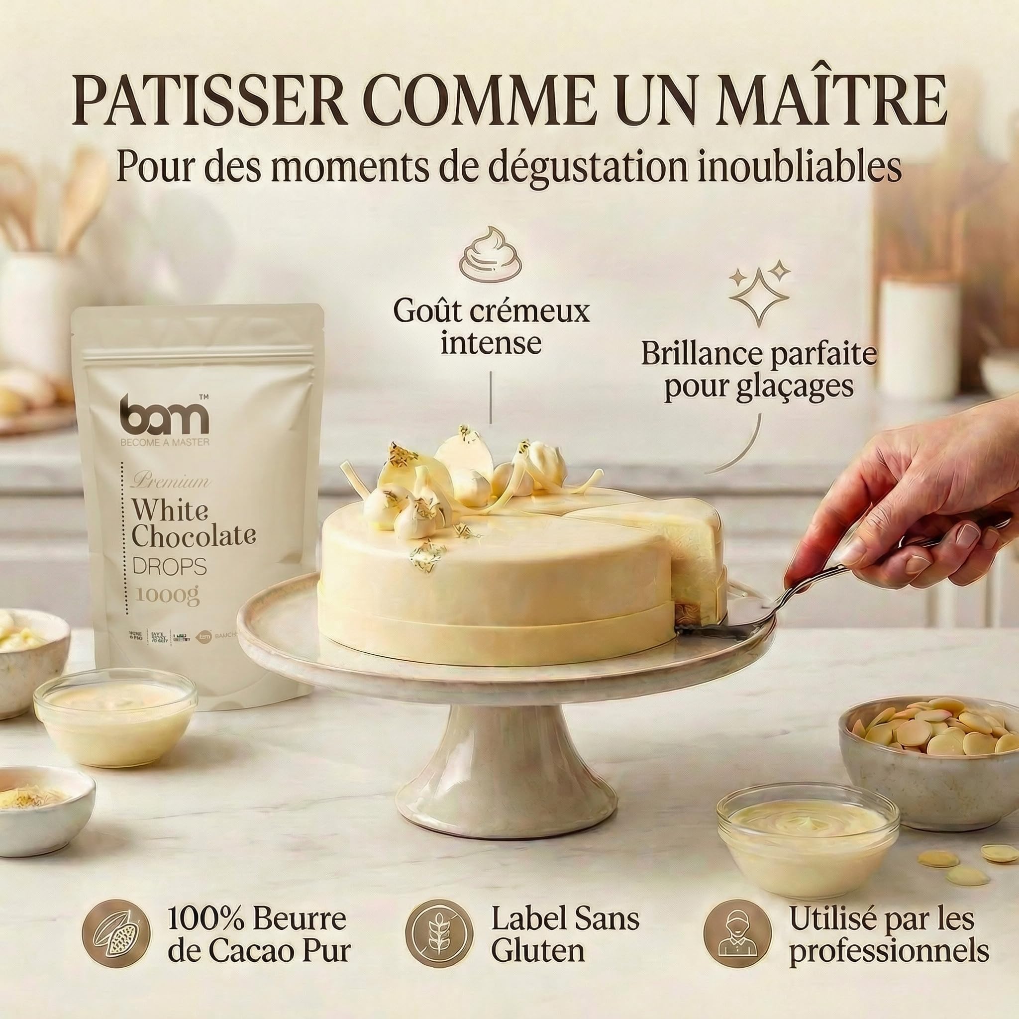 BAM Pépites de Chocolat Blanc – Chocolat Pâtissier pour Desserts, Ganaches, Crèmes et Fruits – Chocolat de Couverture de Qualité – 1kg