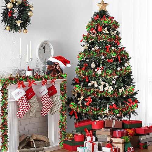 Miniatura 4 de Guirnalda metálica de oropel de 50 pies, decoraciones colgantes para árbol de Navidad para uso en interiores y exteriores (rojo, verde, negro)