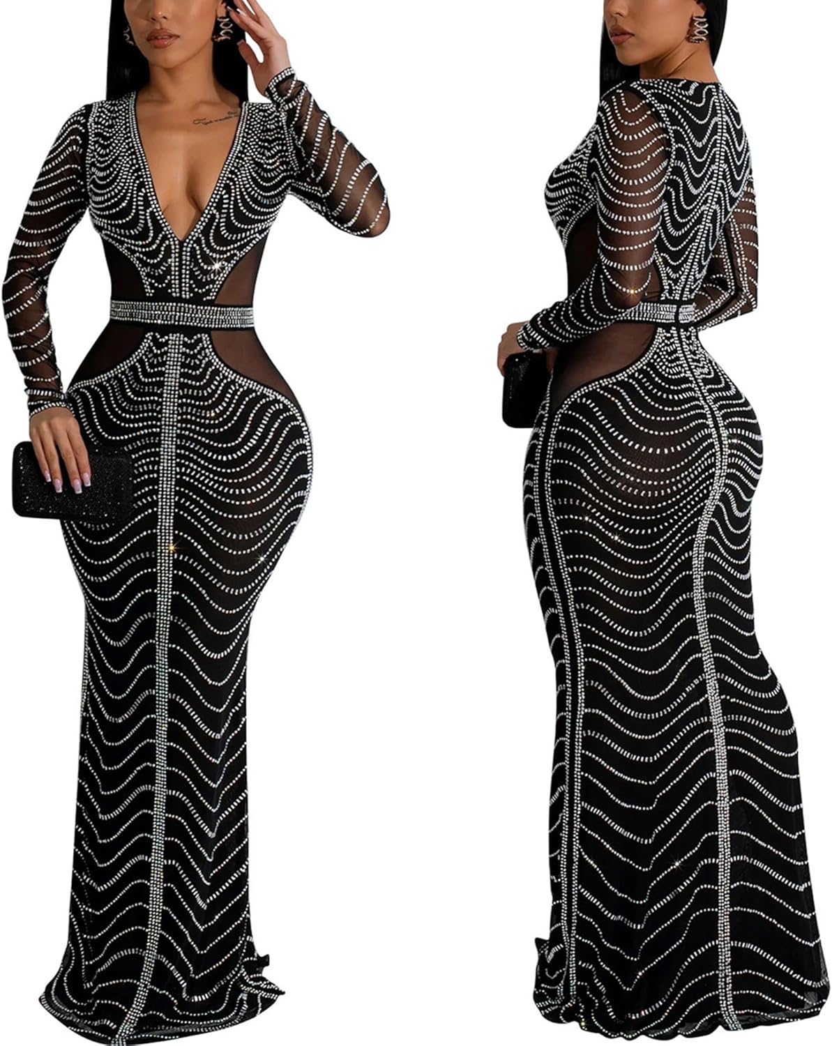 PORRCEY Women's Sexy Elegant Rhinestone Bodycon Party Club Night Dresses Hot Drilling Clubwear - Image 3