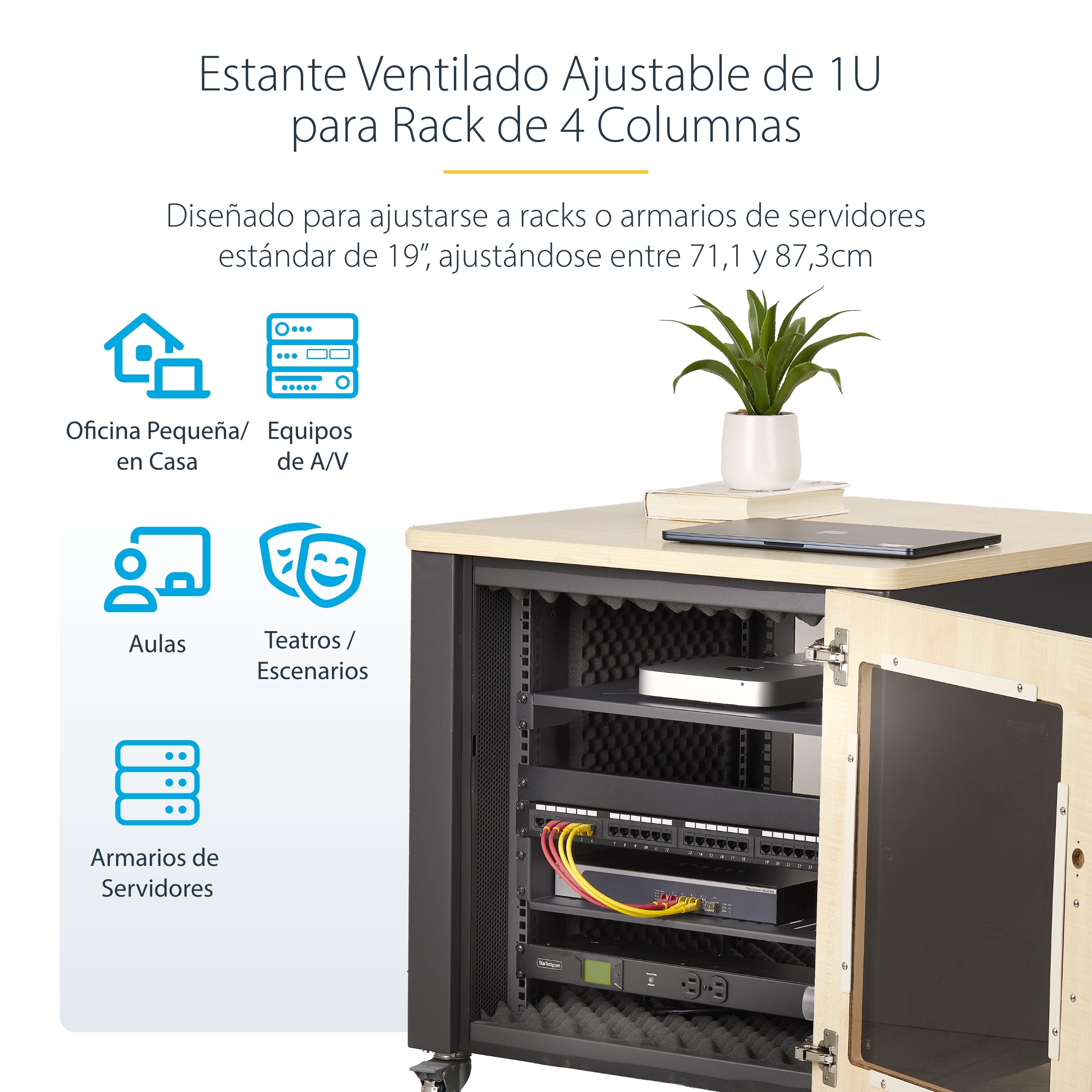 StarTech.com Bandeja Estante Ventilado 1U 4 Columnas para Rack - Profundidad Ajustable de 71-87,3cm - 68kg