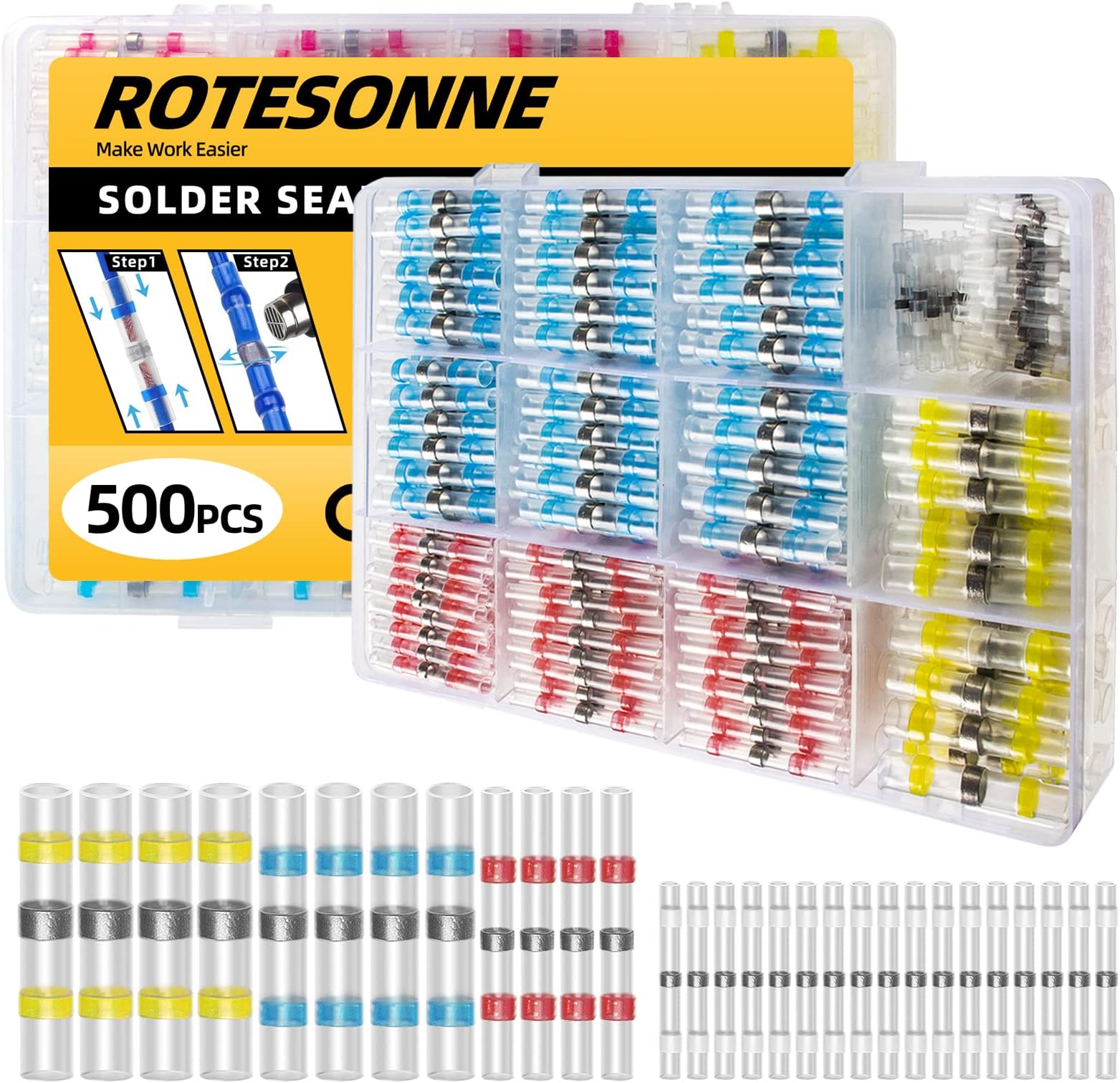 500PCS Solder Seal Wire Connectors, Waterproof and Insulated Heat Shrink Solder Connectors, Electrical Wire Butt Connectors Kit, Butt Splice(40Yellow 80White 180Red 200Blue)