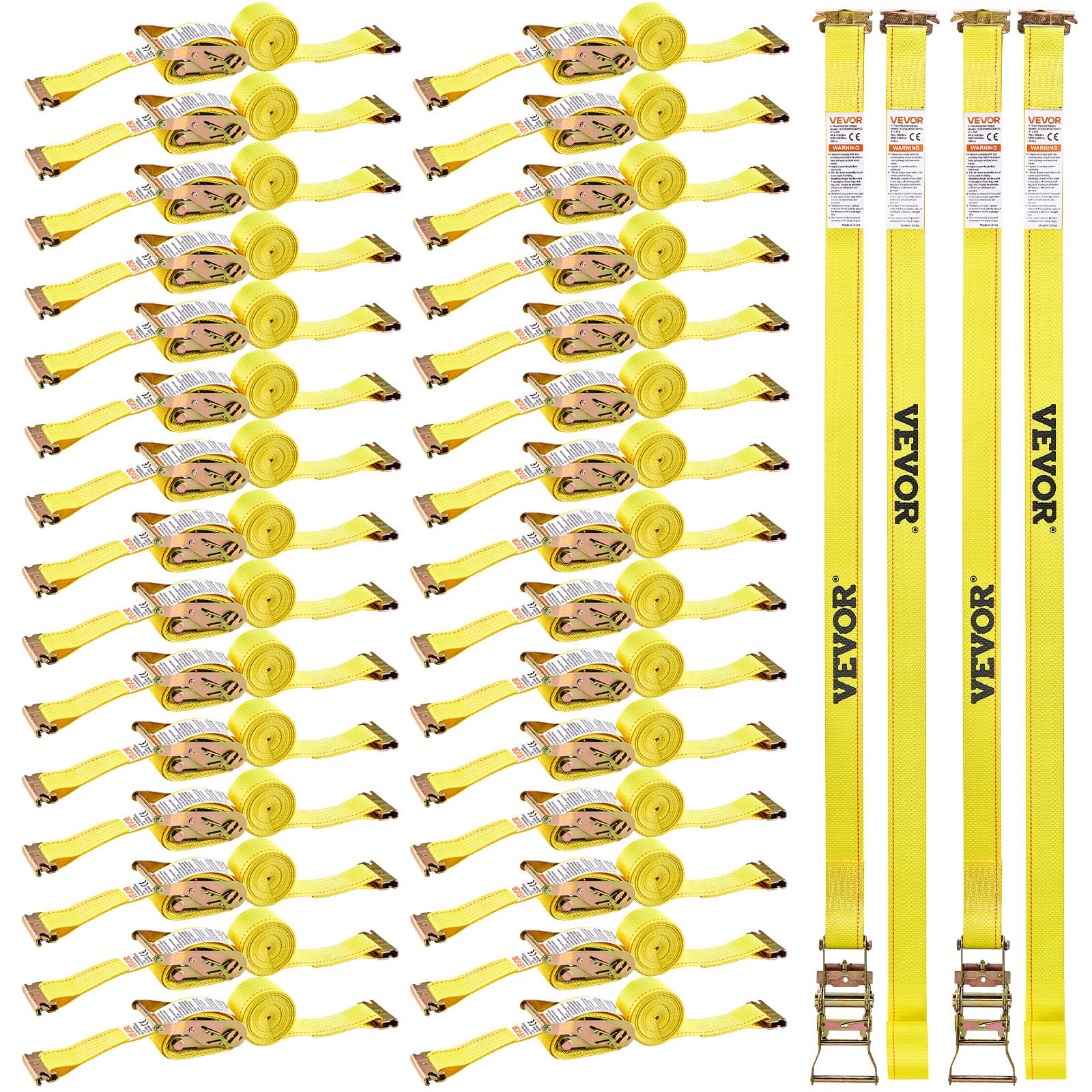 Photo 1 of VEVOR E Track Ratchet Straps (30-Pack), 2" x 15'E-Track Straps 4400 LBS Breaking Strength, Polyester Webbing & Spring Fitting & Ratchets, Durable Tie-Downs for Tires Motorcycles Trailers Loads Yellow
