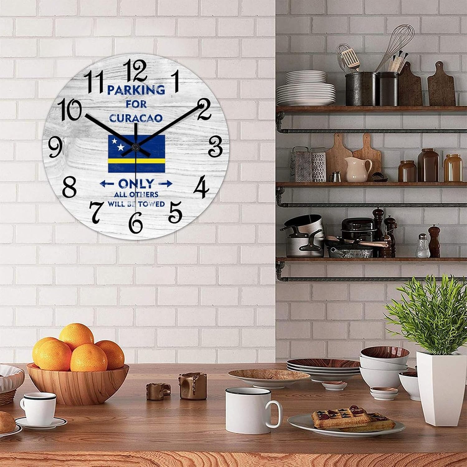 Curacao National Flag Wall Clock Wood Clock,parking for Curacao Only All Others Will Be Towed Round Wooden Clock Gifts Novelty Wall Clock for Home Kitchen Living Room Office 15 X 15 Inch