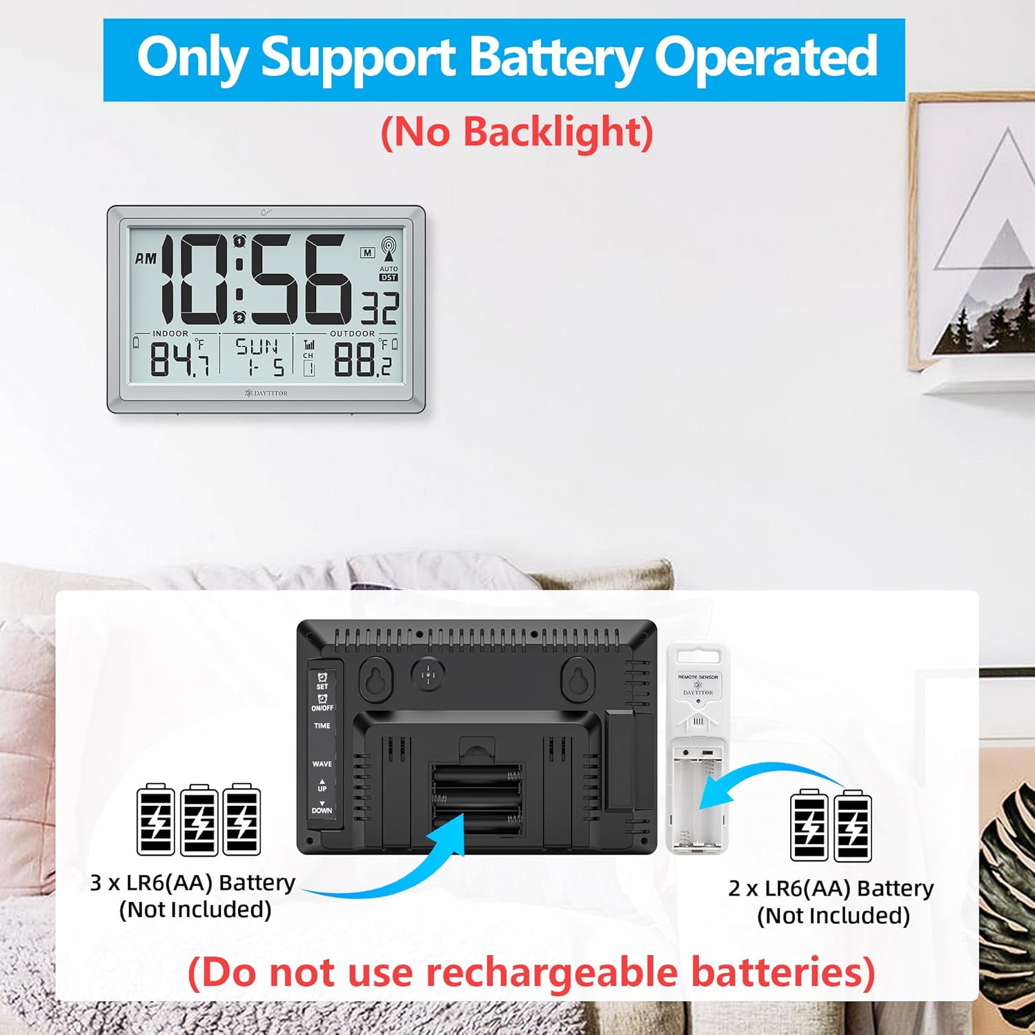 Atomic Clock Wall with Indoor/Outdoor Temp, Battery Operated Digital Wall Clock with 10.5" Large LCD Display, 330ft Range Desk Table Clock with Alarm, DST, Calendar for Living Room, Silver-gray