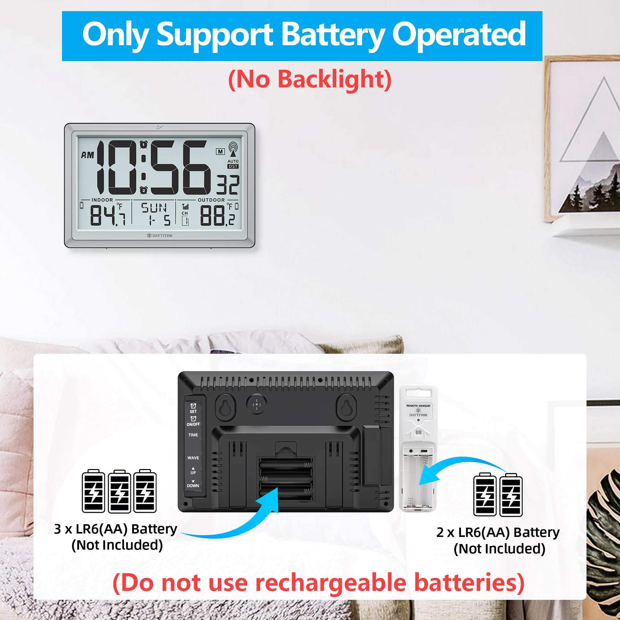 Orologio atomico con temperatura interna/esterna, orologio digitale automatico a batteria, grande display da 10,5 pollici, orologi da parete o da scrivania per camera da letto, soggiorno