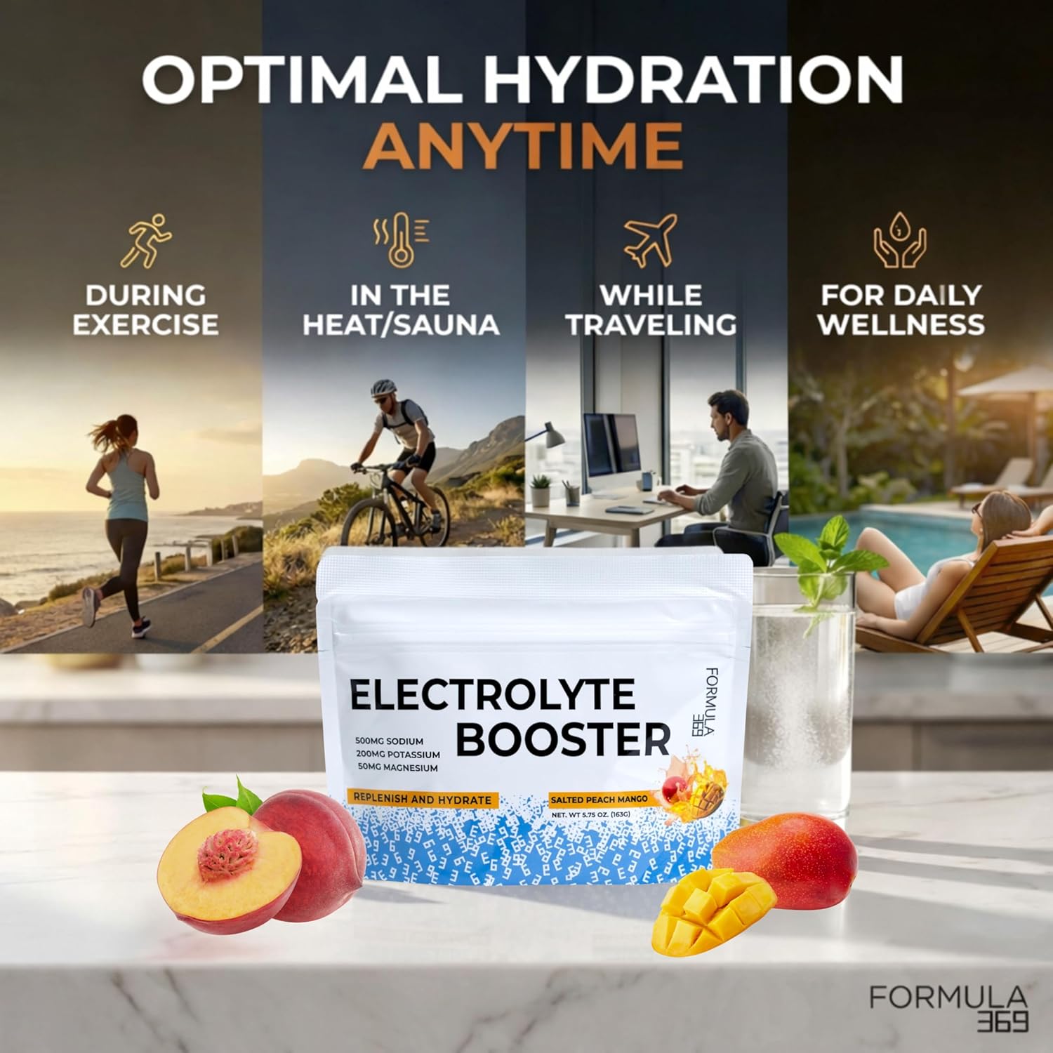 Electrolyte Booster Salted Peach Mango 50 Servings for Daily Hydration, Exercise, Endurance Sports