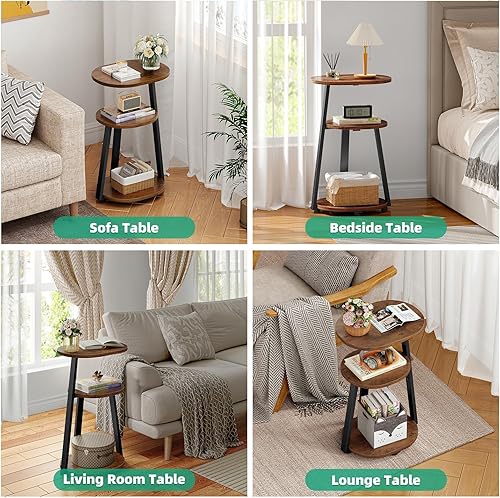 Miniatura 10 de Mesa auxiliar, pequeña mesa auxiliar con marco de metal, mesas de noche de 3 niveles, mesas auxiliares redondas para sala de estar, dormitorio,