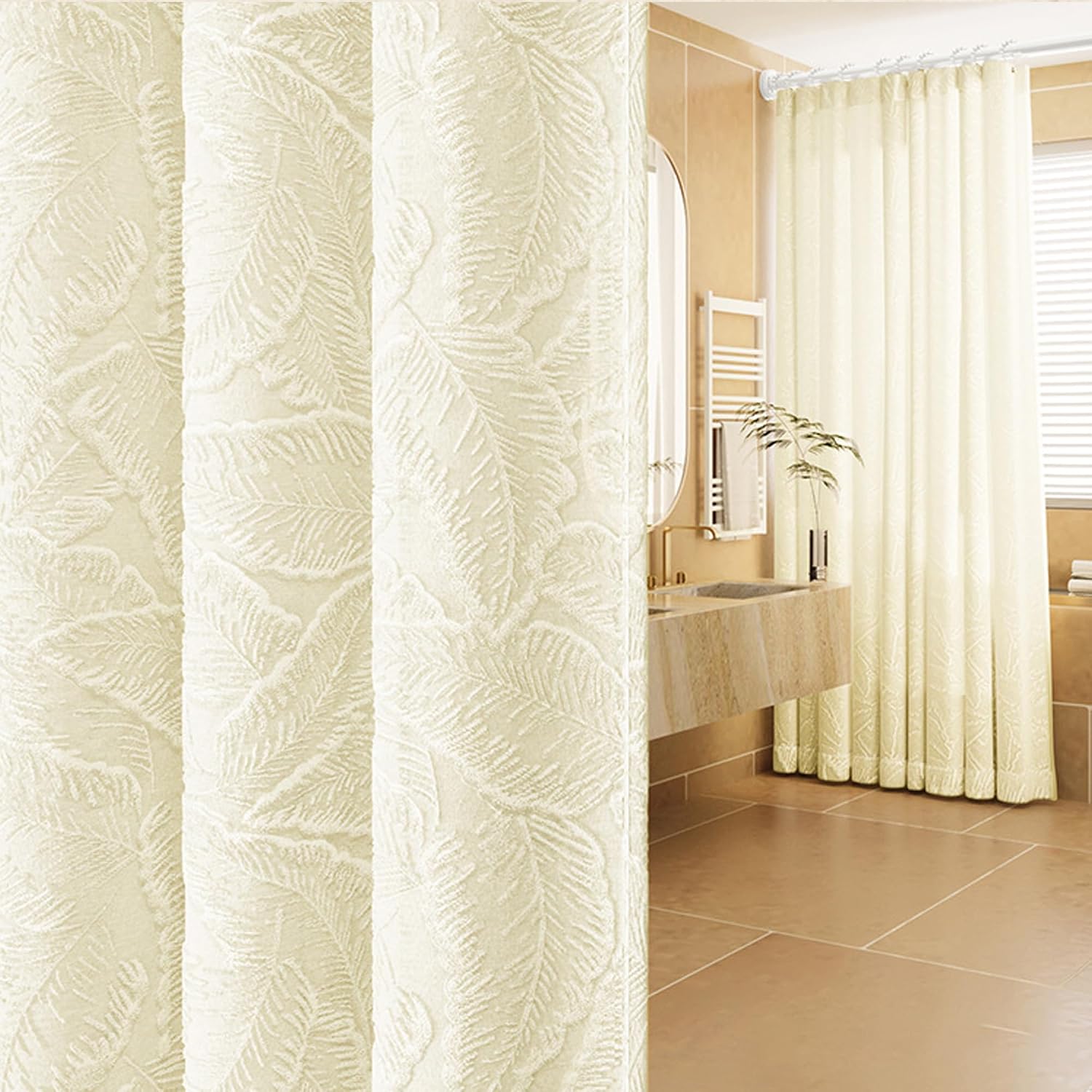 Boho Gauze Shower Curtain Textured Tropical Tufted Leaf Fabric Shower Curtain Mesh Waterproof Coated Elegant Shower Curtain for Bathroom, Cream, 72"x72"