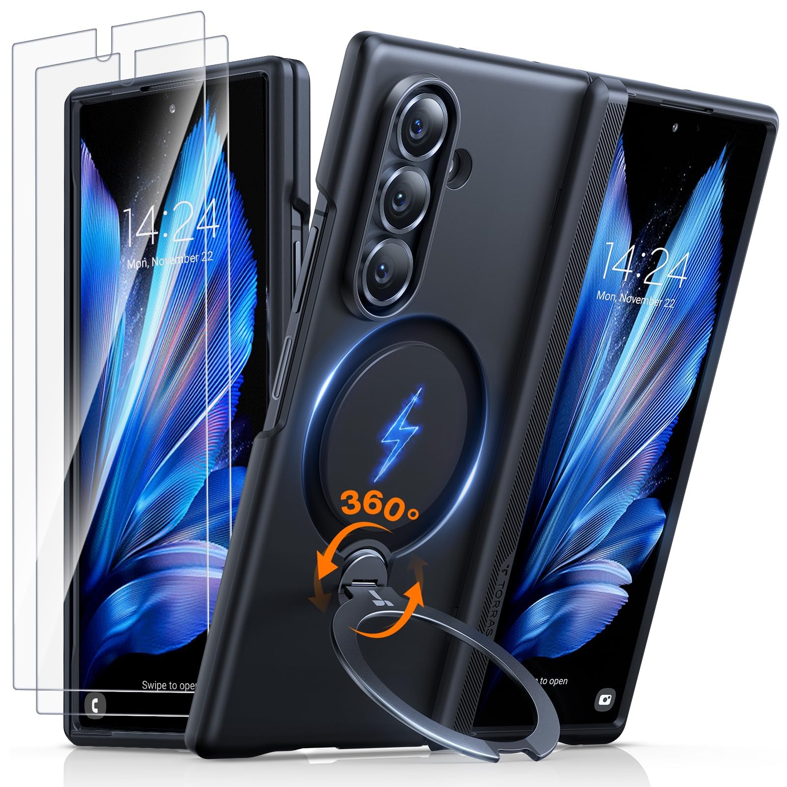 TORRAS Luxury 360° Click-Lock Rotating Ostand Case for Samsung Galaxy Z Fold 7 | Mil-Grade Protection Cover | MagSafe Compatible | Premium Imported | Includes 2 Bonus Tempered Glass | Q3 Spin Black