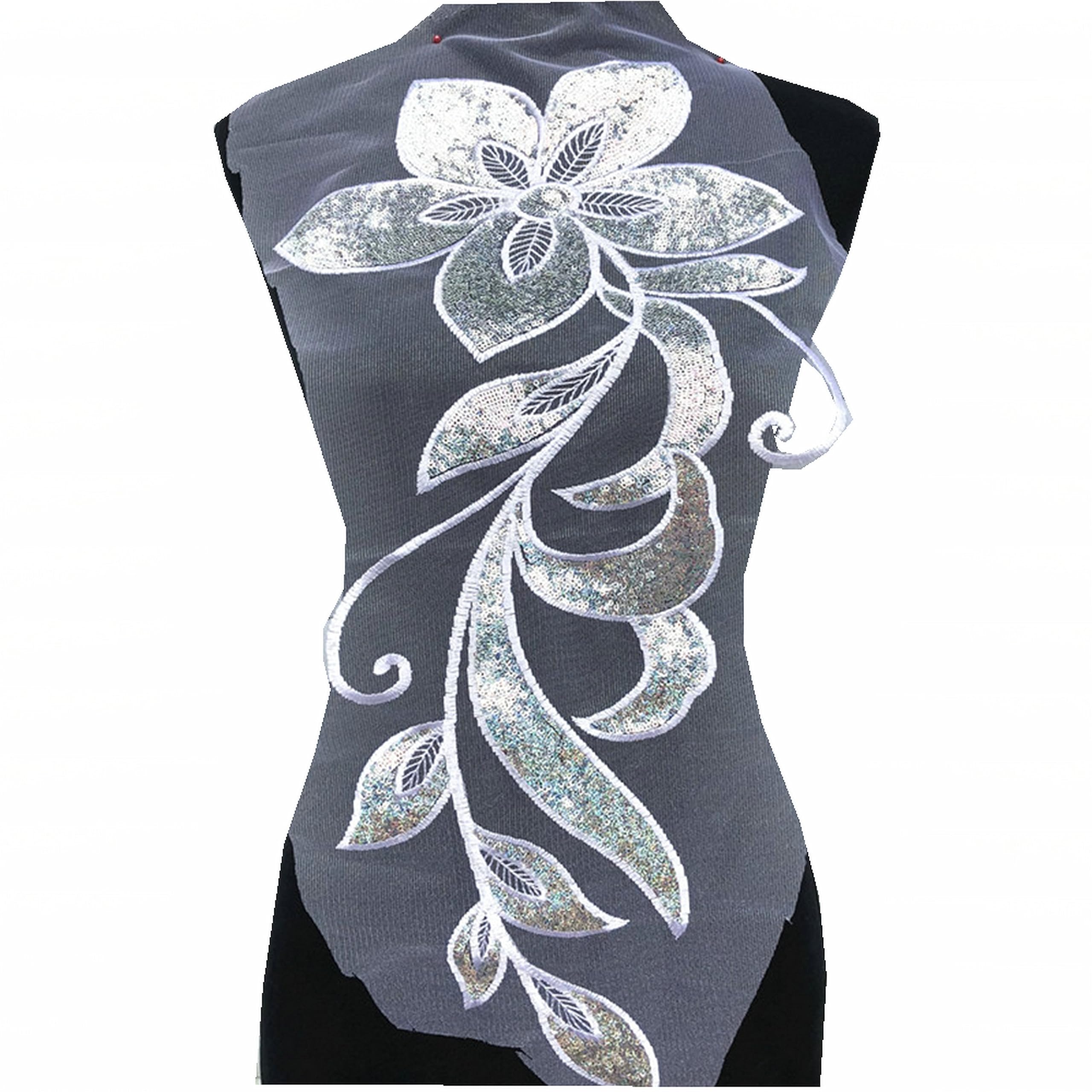 TATEELYMesh Sequins Flower Patches Embroidery Fabric Sewing Applique Embroidered Lace Patch for Clothing Dancing Wedding Dress DIY Craft (White)