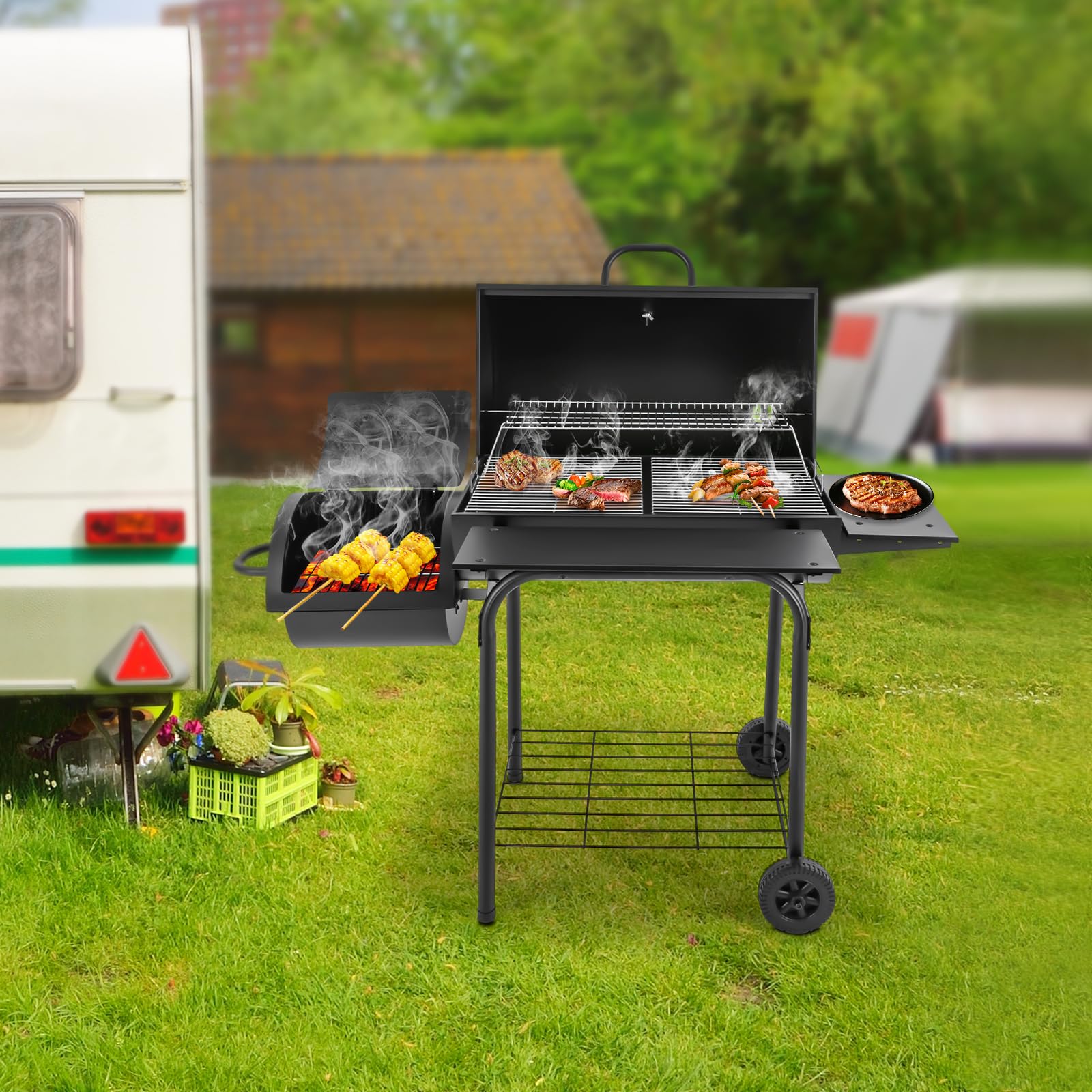 Barbecue a carbonella autoportante, con termometro e ruote, due aree barbecue per campeggio, feste e barbecue in giardino, 147 x 70 x 126 cm