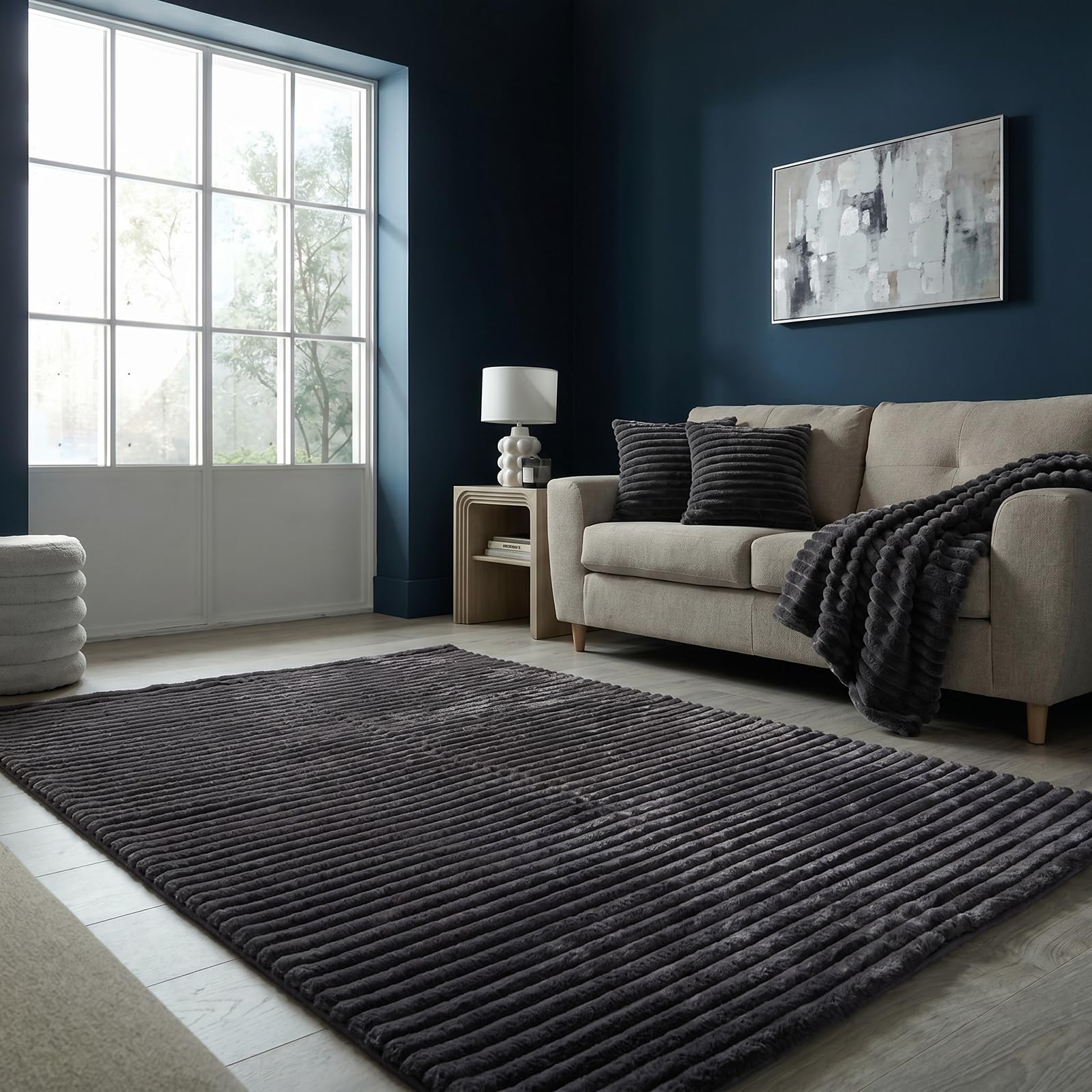 OHS Faux Fur Ribbed Rug Carpet Rugs for Bedroom, Charcoal - 120 x 170cm