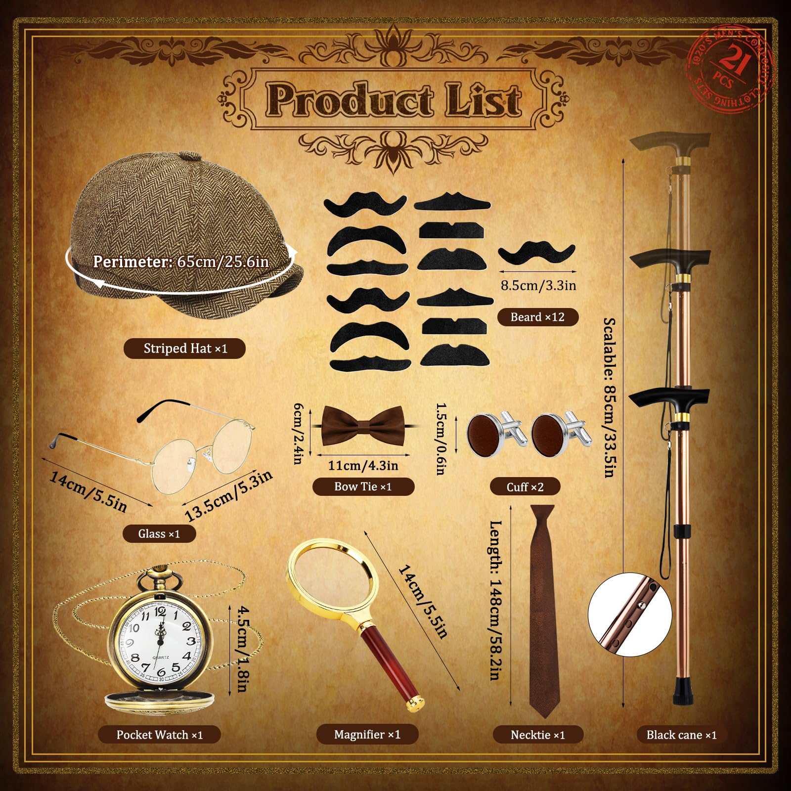 1920s Mens Costume Accessories Set, Vintage Gentleman Gatsby Gangster Fancy Dress with Adjustable Metal Folding Cane Pocket Watch Bow Tie Glasses Cuffs Beard Magnifier for Roaring 20s Themed Party - Image 2
