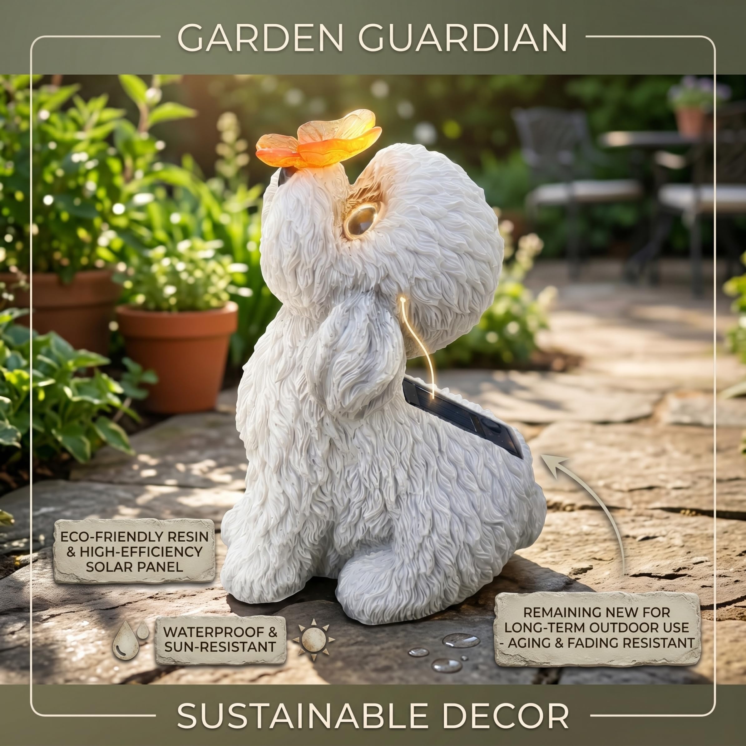 Estatuas de Perros al Aire Libre, Estatua de jardín Solar, estatuilla de Perro de Peluche Blanco con luz LED de Mariposa - Decoración de Patio y Patio al Aire Libre.