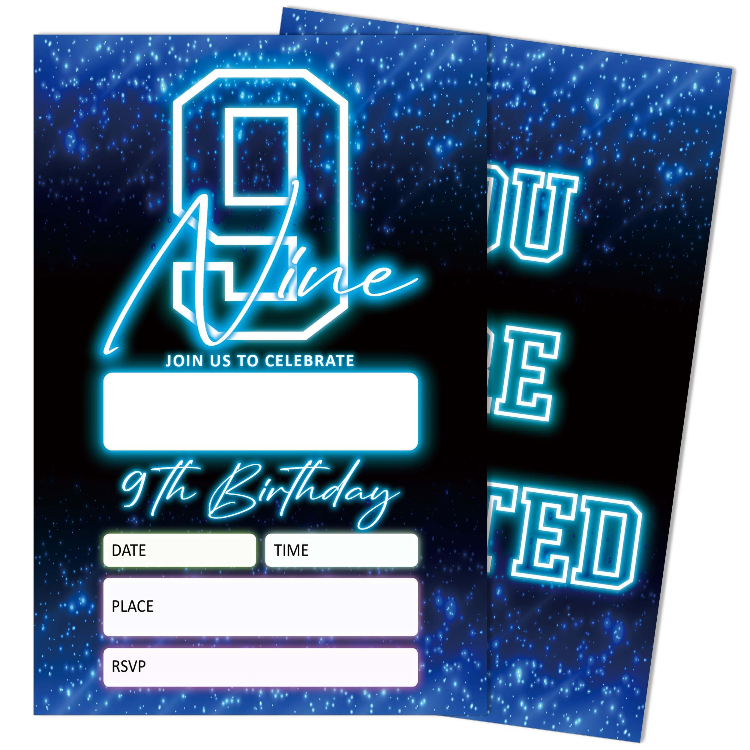 SIXEIGHT Blue 9th Birthday Party Invitations for Kids, Glow Neon 9th Birthday Invitations for Boys Girls, 20 Pack Blue Invites with Envelopes, Glow