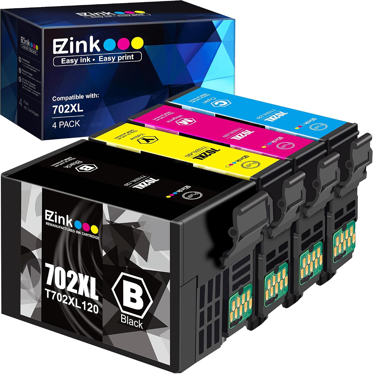 Product Deal E-Z Ink (TM) Remanufactured Ink Cartridge Replacement for Epson 702XL T702XL 702 T702 to use with Workforce Pro WF-3720 WF-3730 WF-3733 Printer (1 Large Black, 1 Cyan, 1 Magenta, 1 Yellow, 4 Pack) Buy 2 get 3 E-Z Ink (TM) Remanufactured Ink Cartridge Replacement for Epson 702XL T702XL 702 T702 to use with Workforce Pro WF-3720 WF-3730 WF-3733 Printer (1 Large Black, 1 Cyan, 1 Magenta, 1 Yellow, 4 Pack)