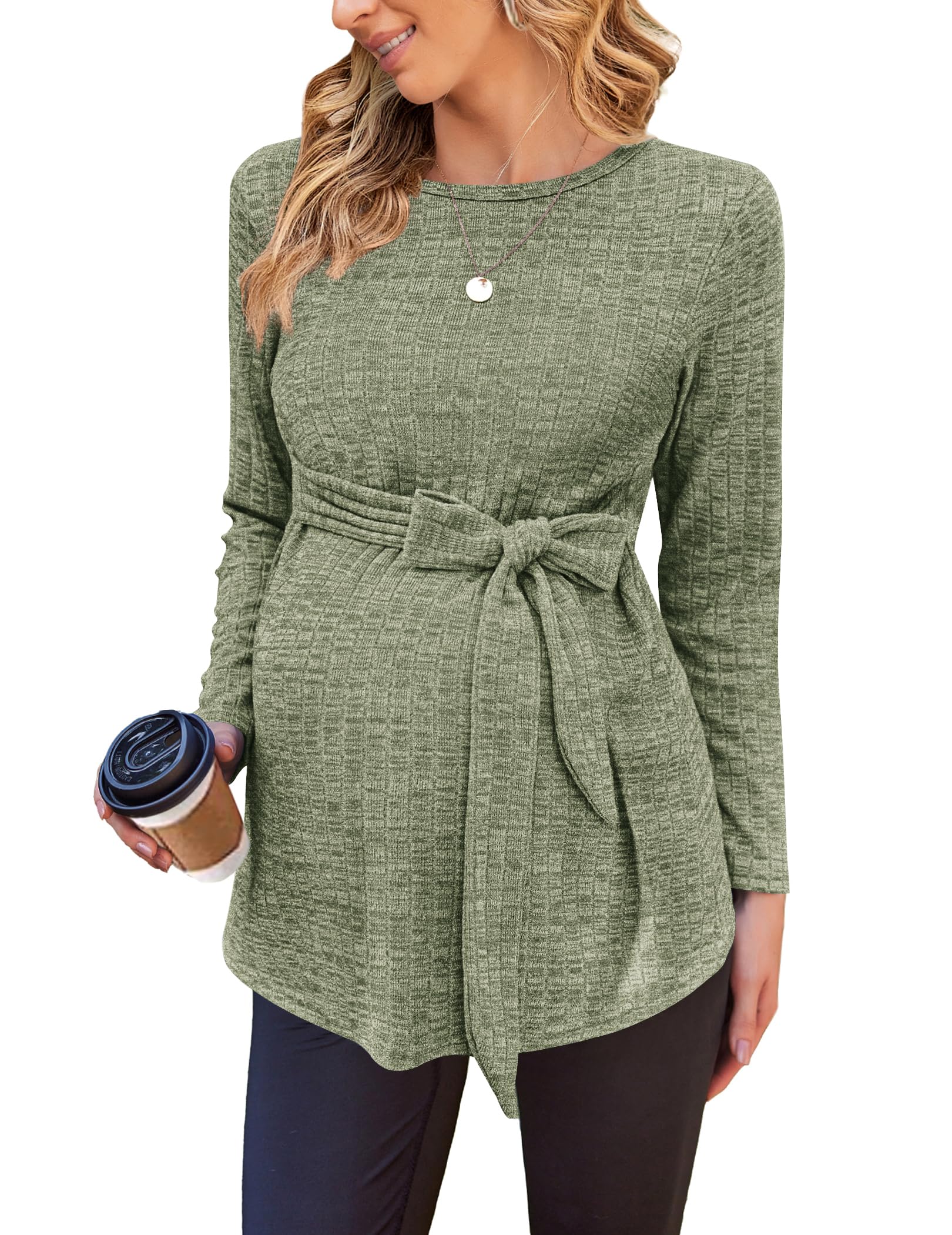 Ekouaer Maternity Shirts Ribbed Long Sleeve Pregnancy Sweater Tops Outfits