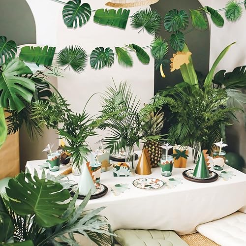 Miniatura 4 de Decoraciones de fiesta tropical 3 pancartas de hojas tropicales, guirnalda de hojas de palma artificiales verdes, decoraciones de fiesta de selva,