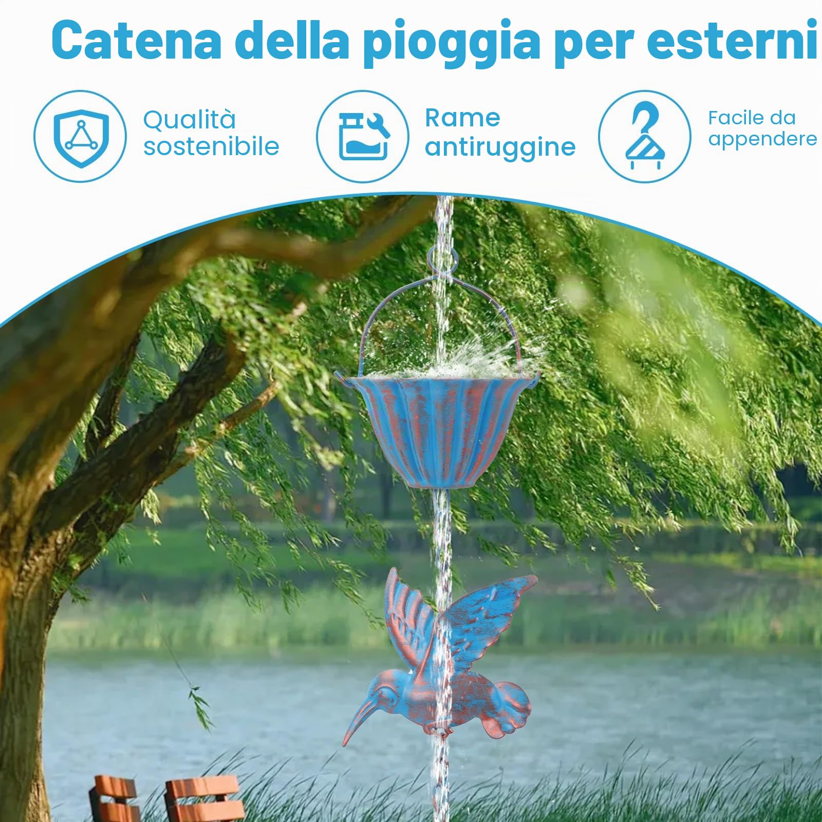 BigKing Catena per Acqua Piovana Colibrì per Grondaie, 2.4m Catena Antipioggia Sospesa per Il Drenaggio dell'Acqua, Catena per Grondaia, Deviatore per Acqua Piovana Esterna, Eaves Drainage