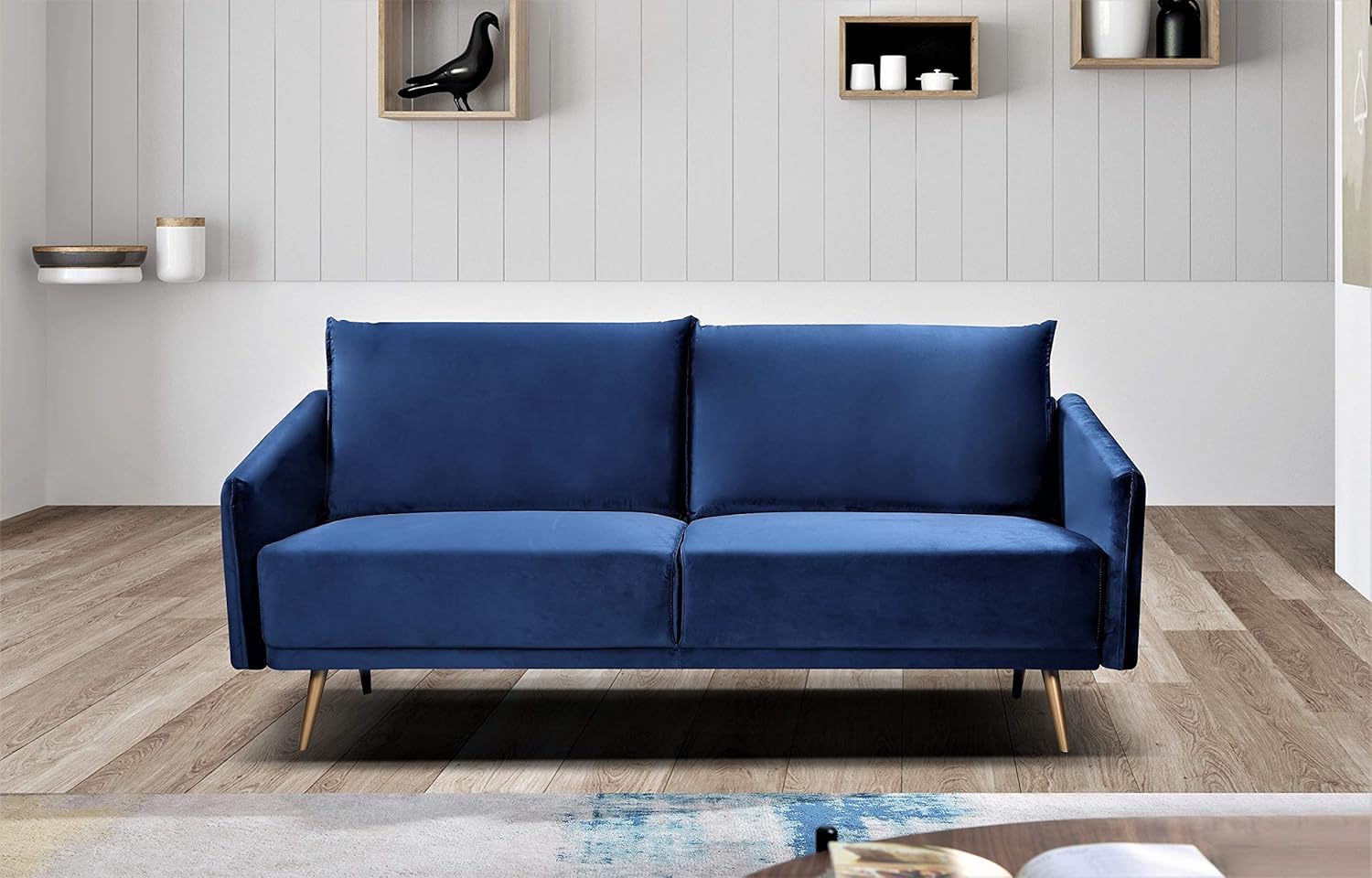 Container Furniture Direct Peterson Ultra Modern Velvet Living Room Sofa, 66.14", Dark Blue
