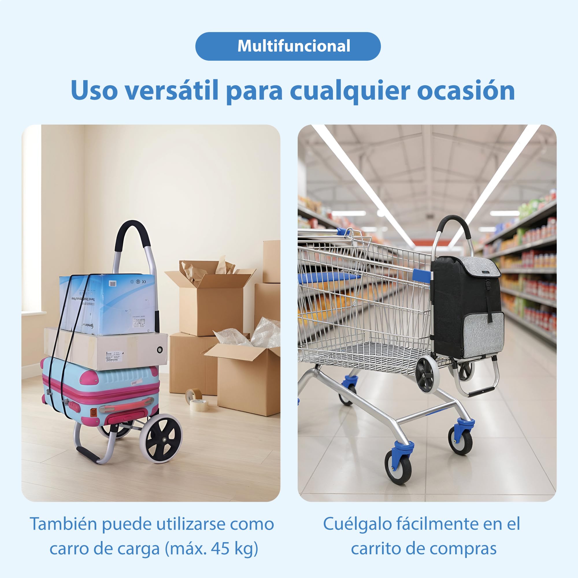 Safe Age Carro de la Compra con Ruedas 45 L - Plegable con Compartimento Refrigerador y Sistema de Acople para Carrito de Supermercado