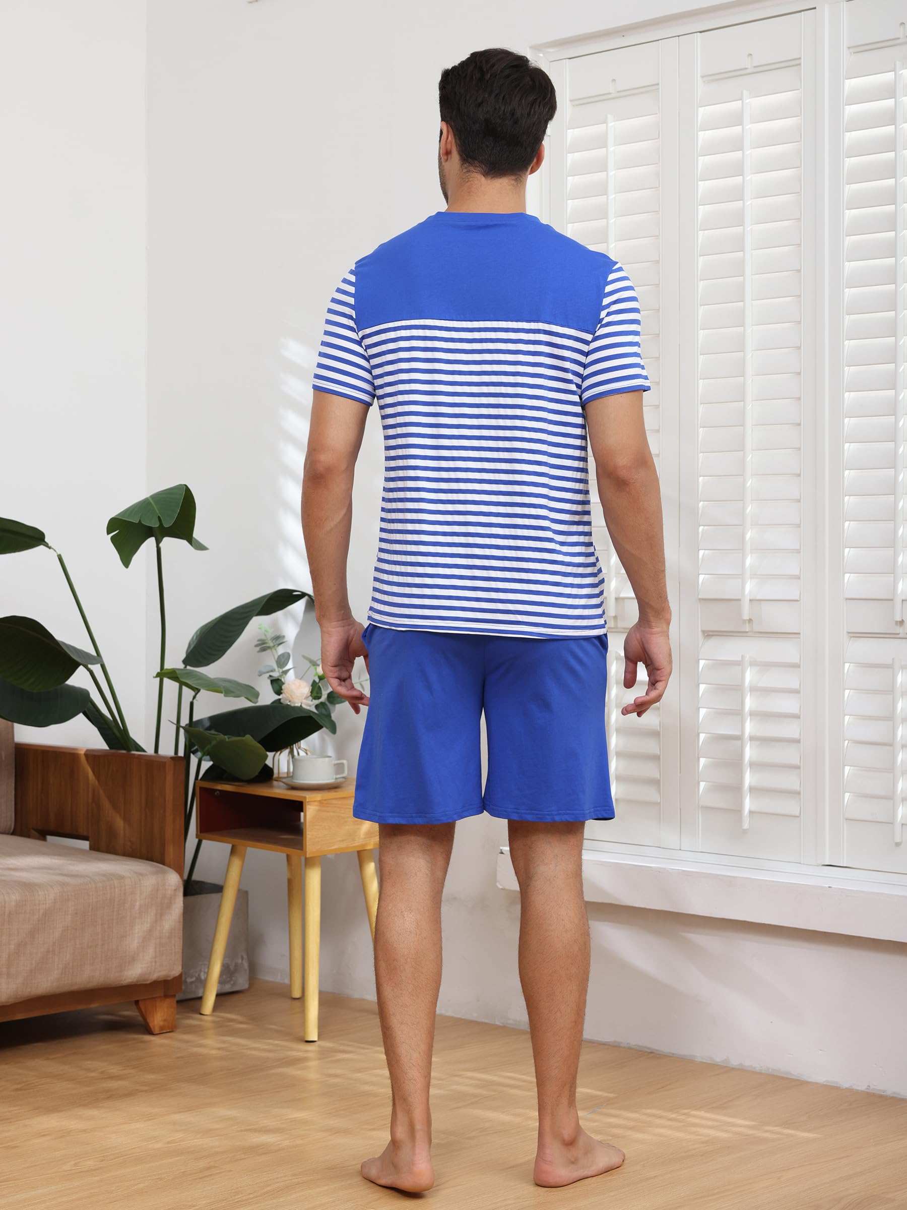 Pigiama Uomo Estivo Corto Cotone Pigiami Uomo a Righe Pigiama Uomo Cotone Leggero Maniche Corte Pigiami Due Pezzi da Uomo Girocollo con Tasche Abbigliamento da Casa Traspirante Comodo