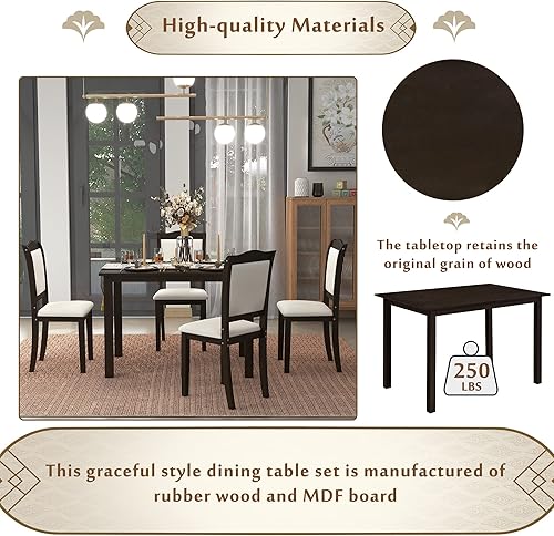 Miniatura 5 de FIQHOME Juego de comedor de madera de 5 piezas, mesa rectangular de estilo simple americano con sillas tapizadas para espacio, color espresso