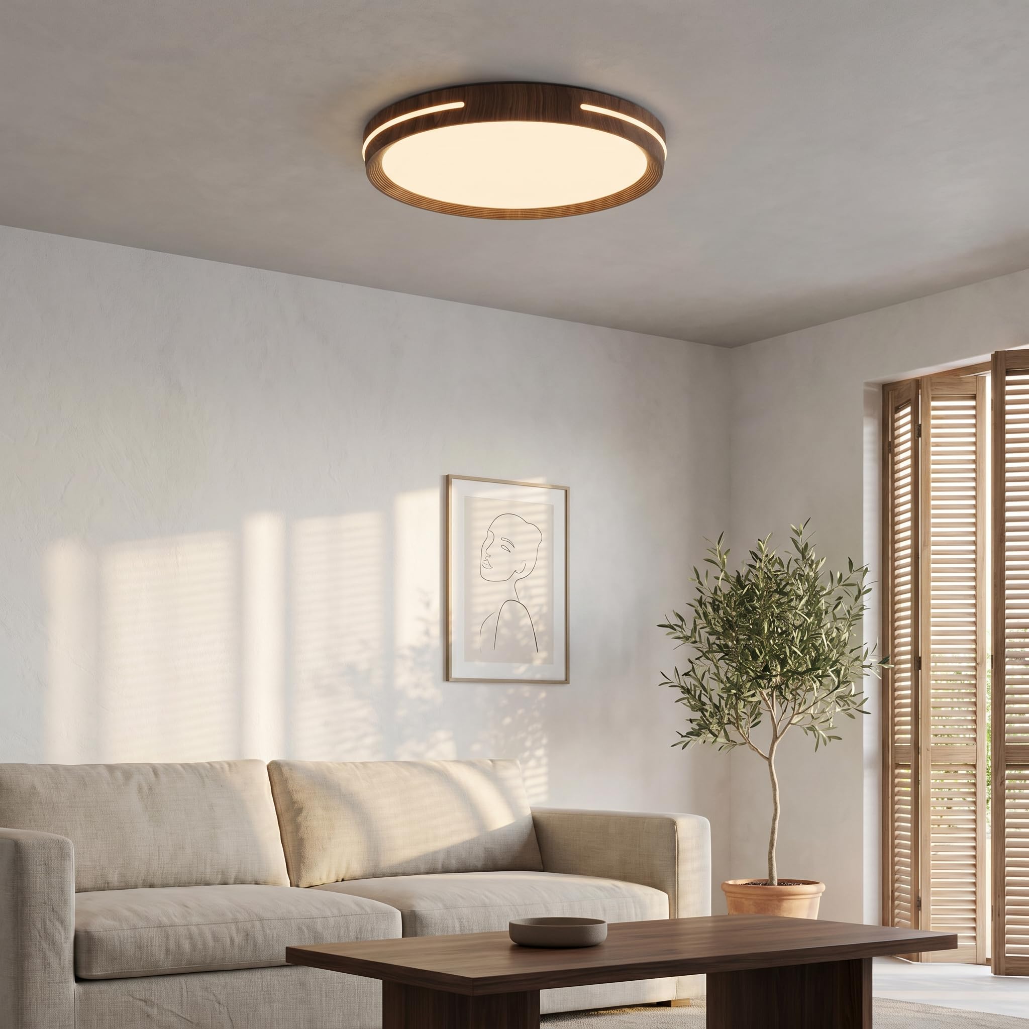 BARCELONA LED Plafón LED Techo 24W Ø40cm CCT Regulable 3000K-6000K, Diseño Madera Moderna con Efecto Luz Lateral, Lámpara Techo LED Redonda para Salón Dormitorio Cocina Oficina 2500lm
