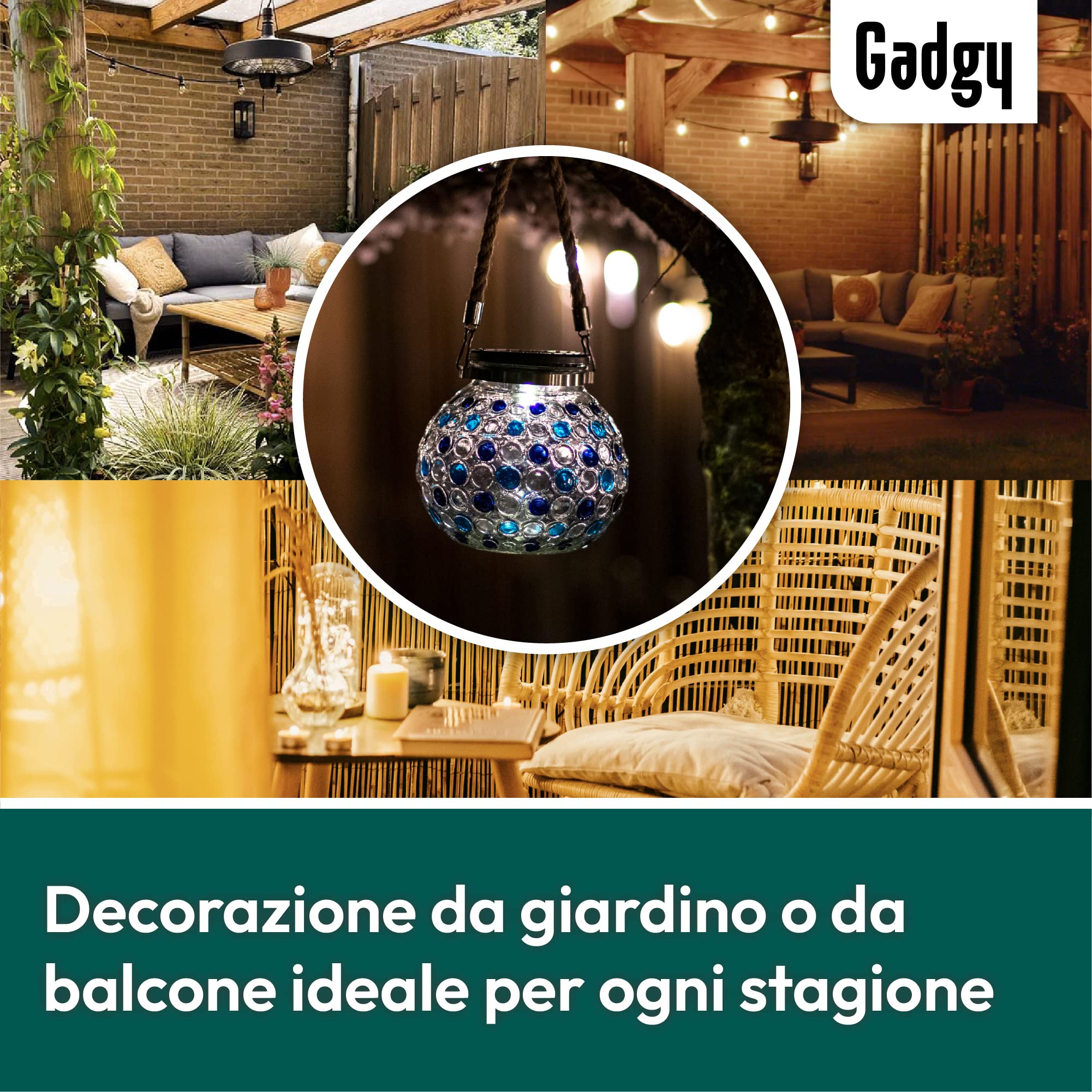 Gadgy ® Set 2 Lanterne Solari in Vetro a Mosaico Effetto Blu o Rosso | Lampada Solare LED da Esterno/Interno Sensore Crepuscolare | Pannello Solare e Batteria Inclusi (Blue)
