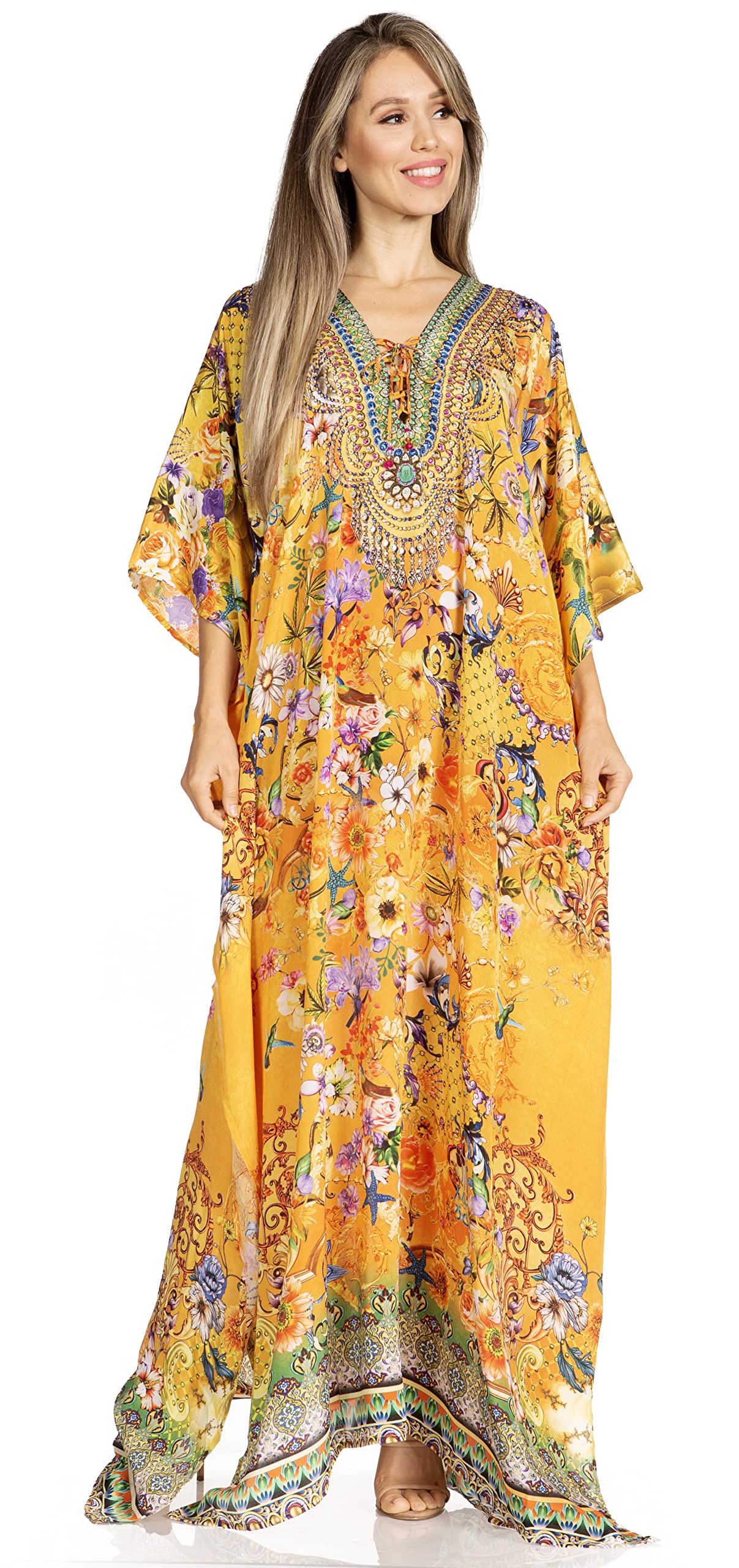 Sakkas Yeni Women's Short Sleeve V-Neck Summer Floral Long Caftan Dress Cover-up